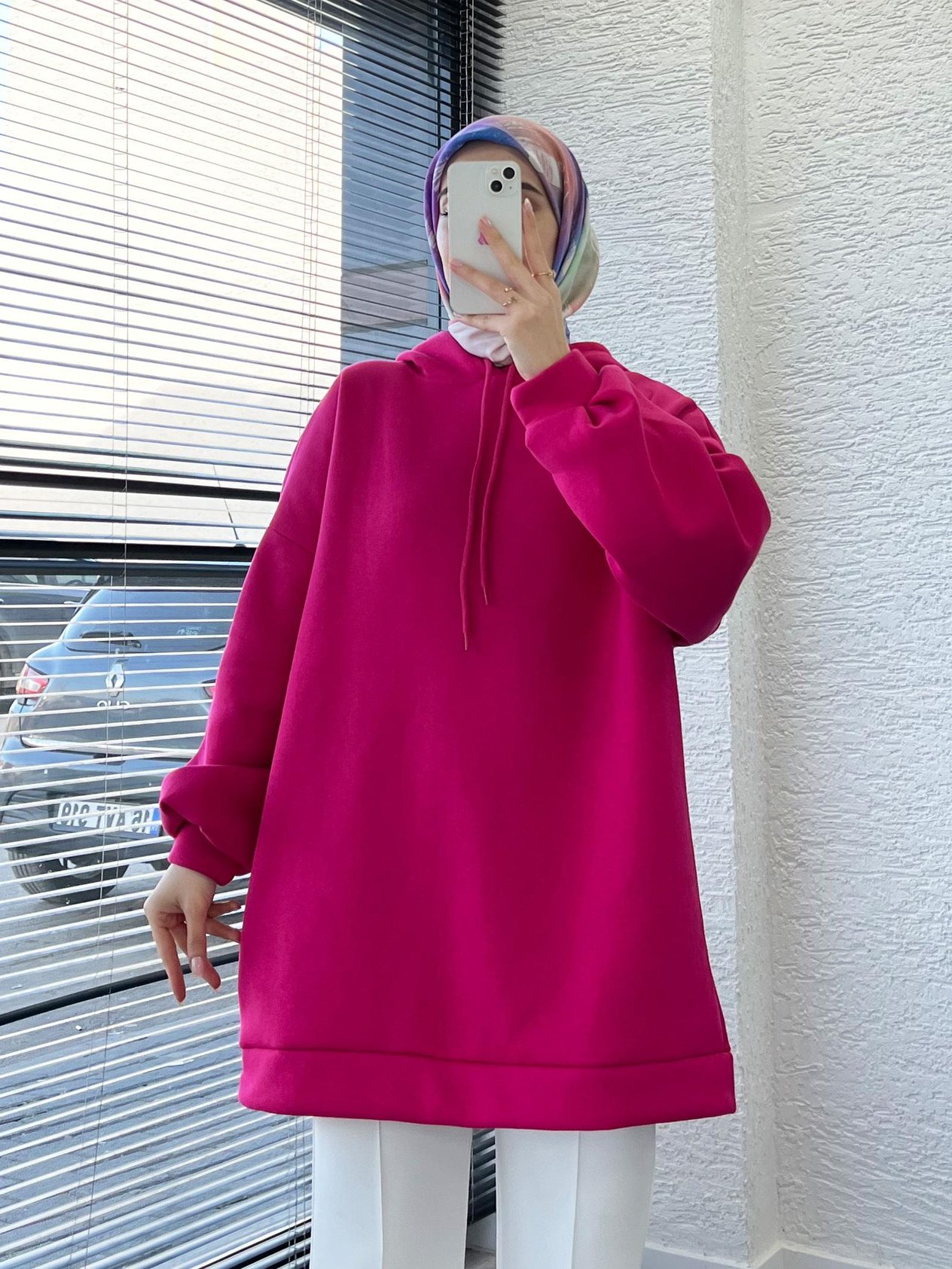 Kadın Fuşya Oversize Kapüşonlu Sweat