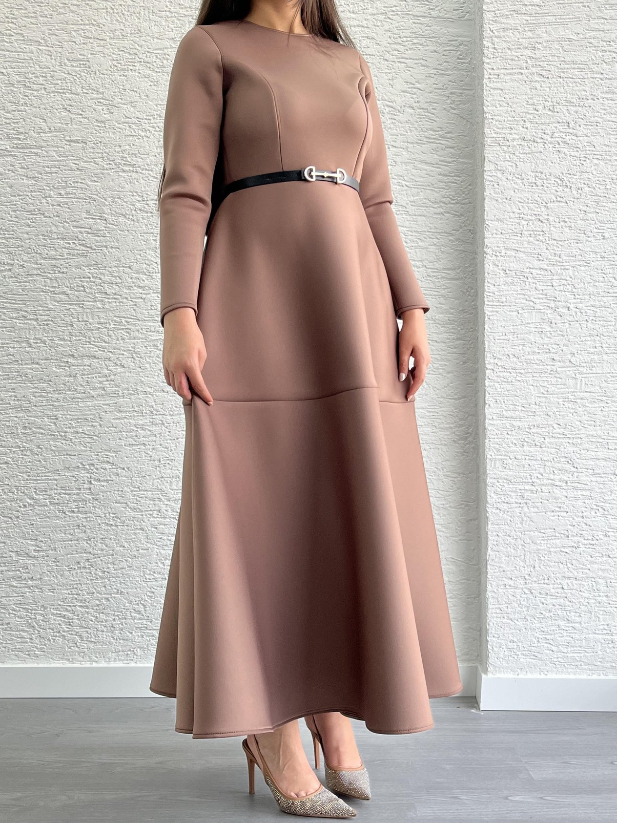 Kahve Kemerli Lisa Elbise