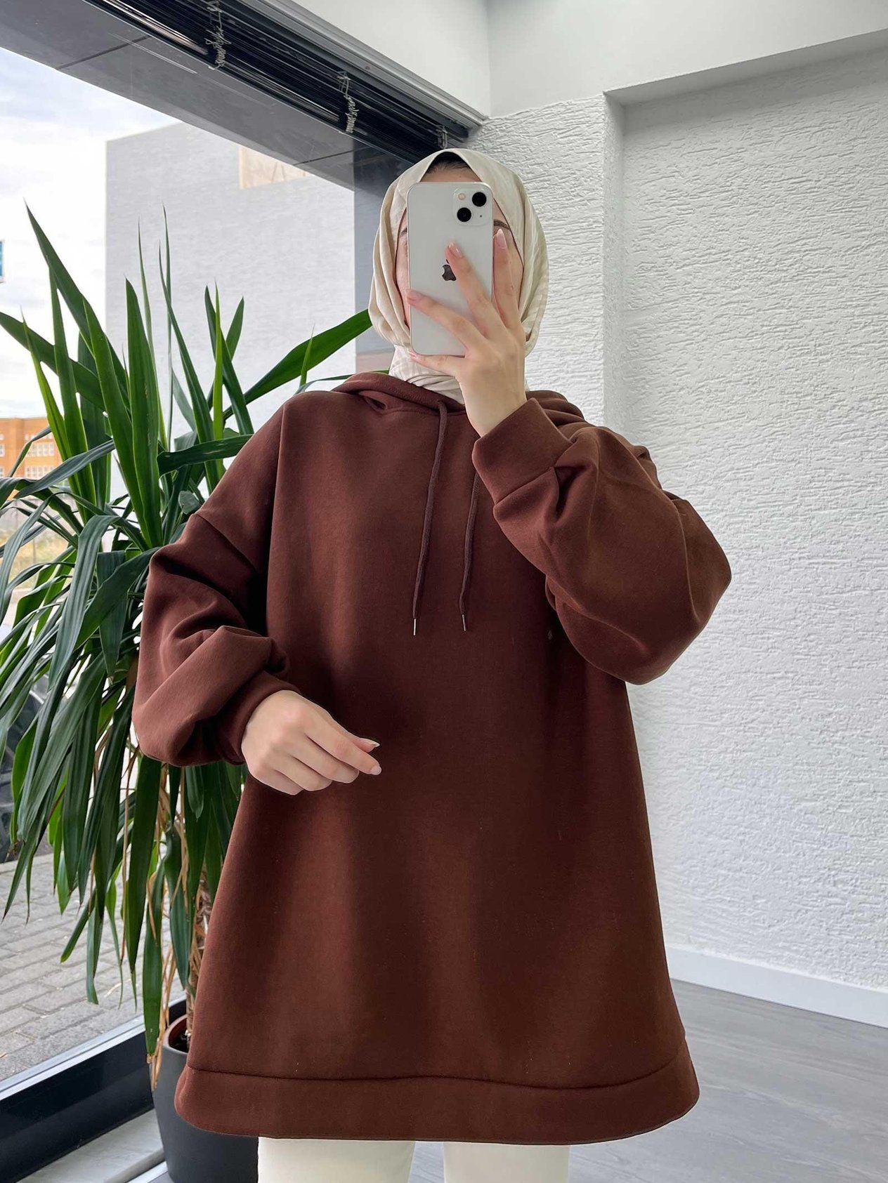 Kahve Oversize Kapüşonlu Sweat