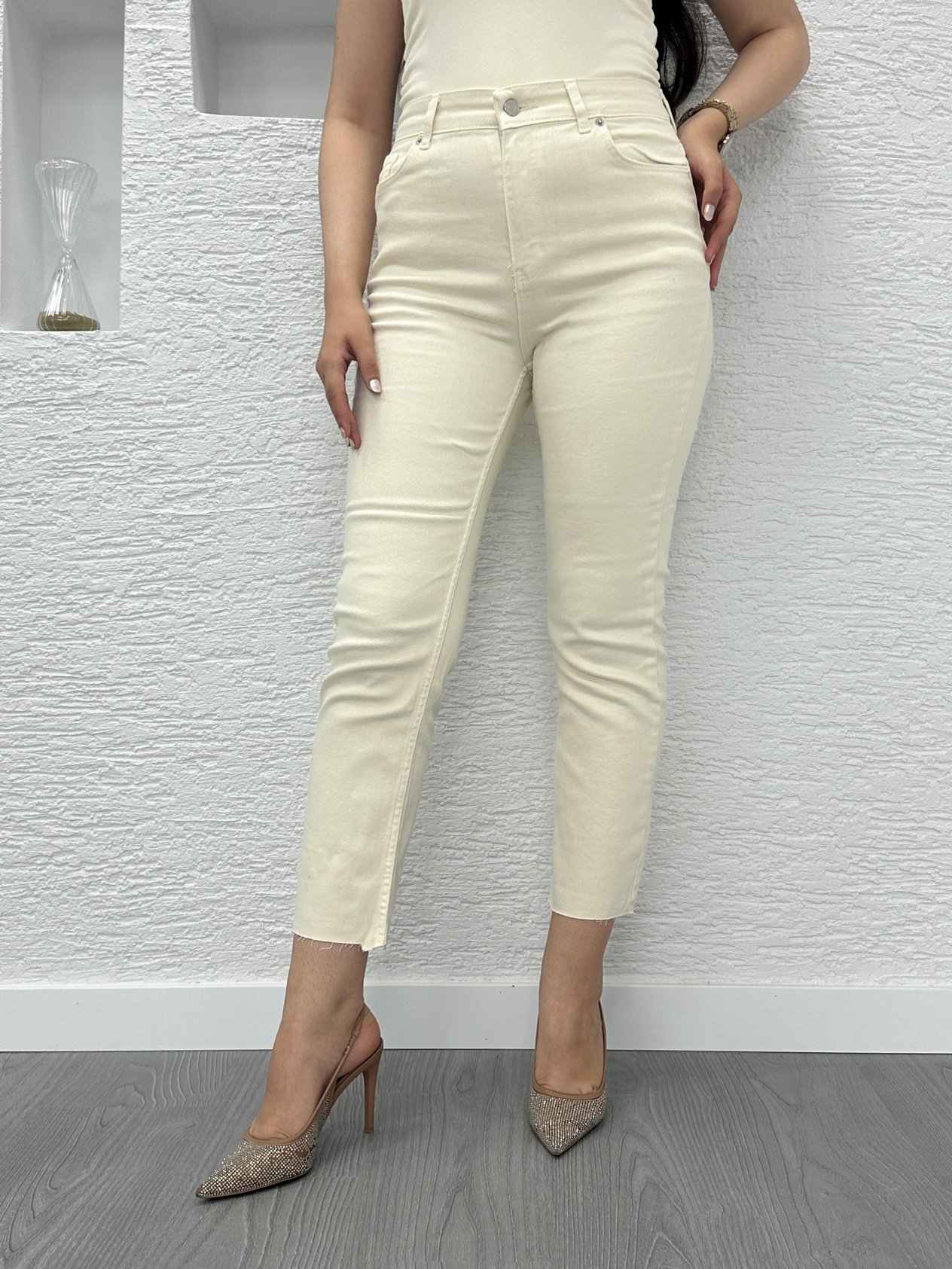 Krem Boy Fit Kesim Jean Pantolon
