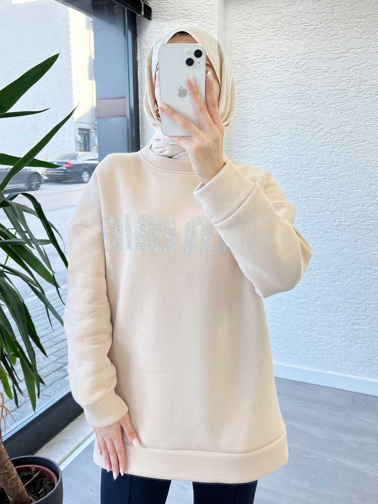 Krem Kadın Jardonlu Sweatshirt