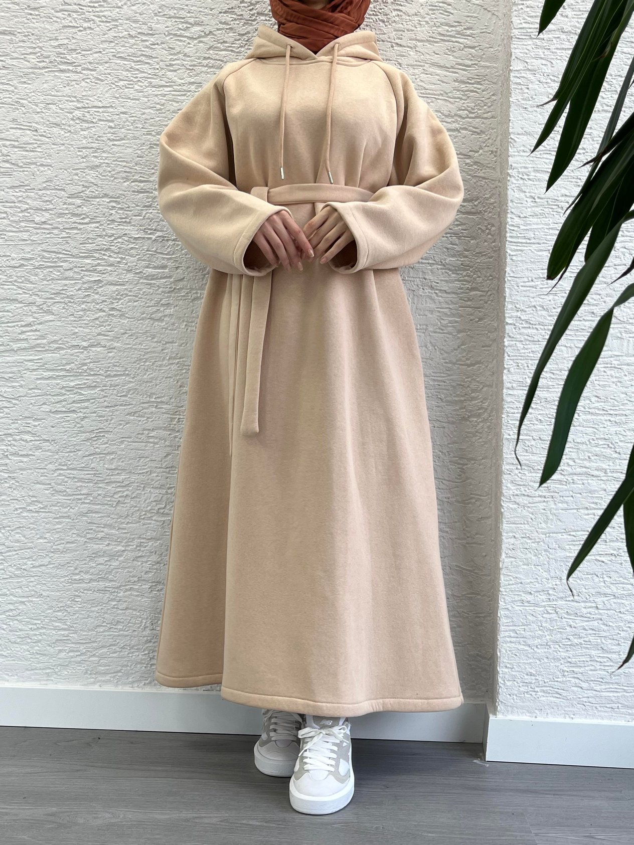 Krem Kapşonlu Oversize Sweat Elbise