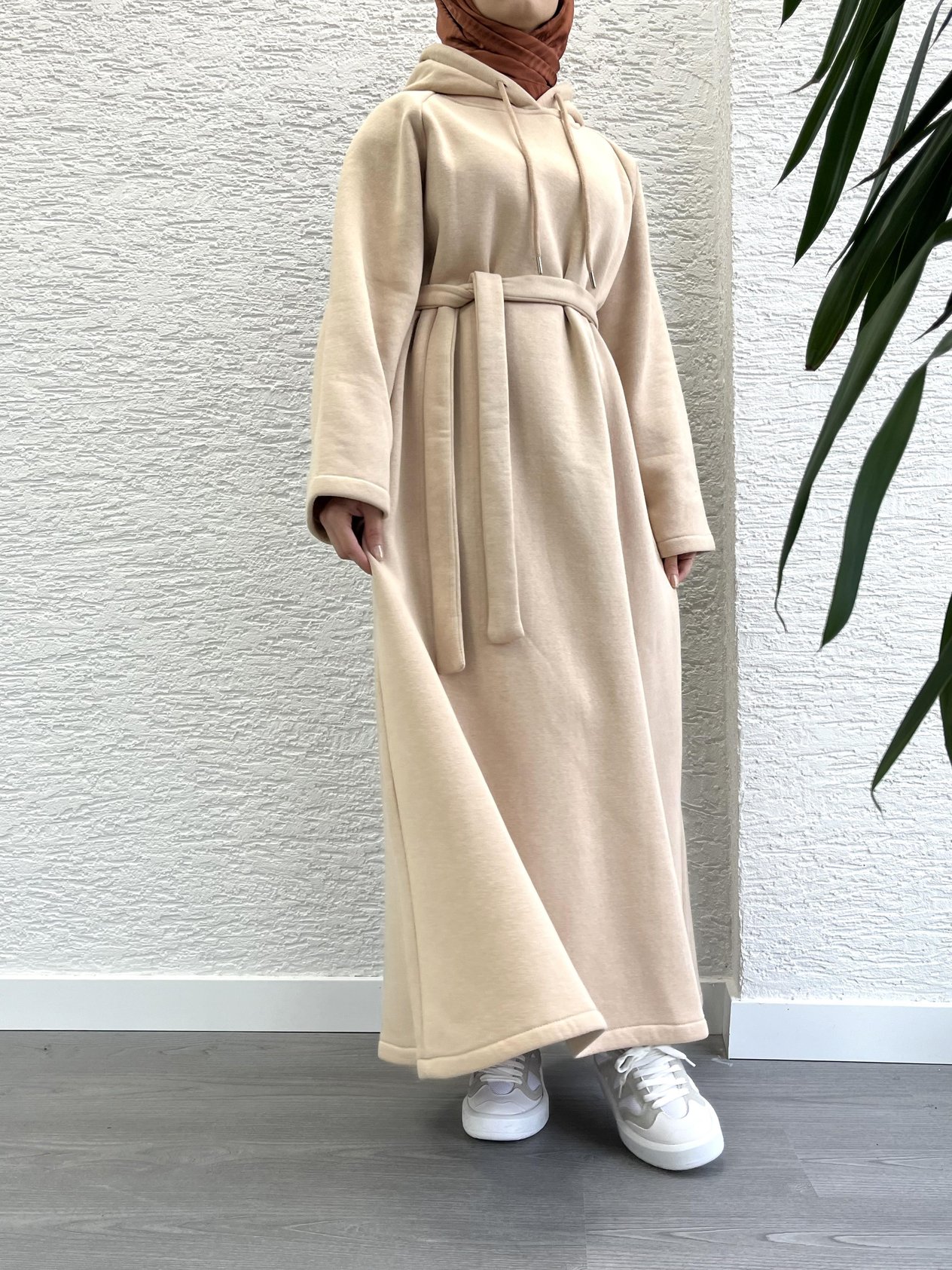 Krem Kapşonlu Oversize Sweat Elbise