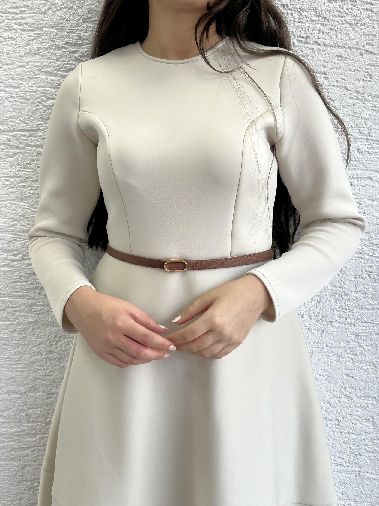 Krem Kemerli Lisa Elbise
