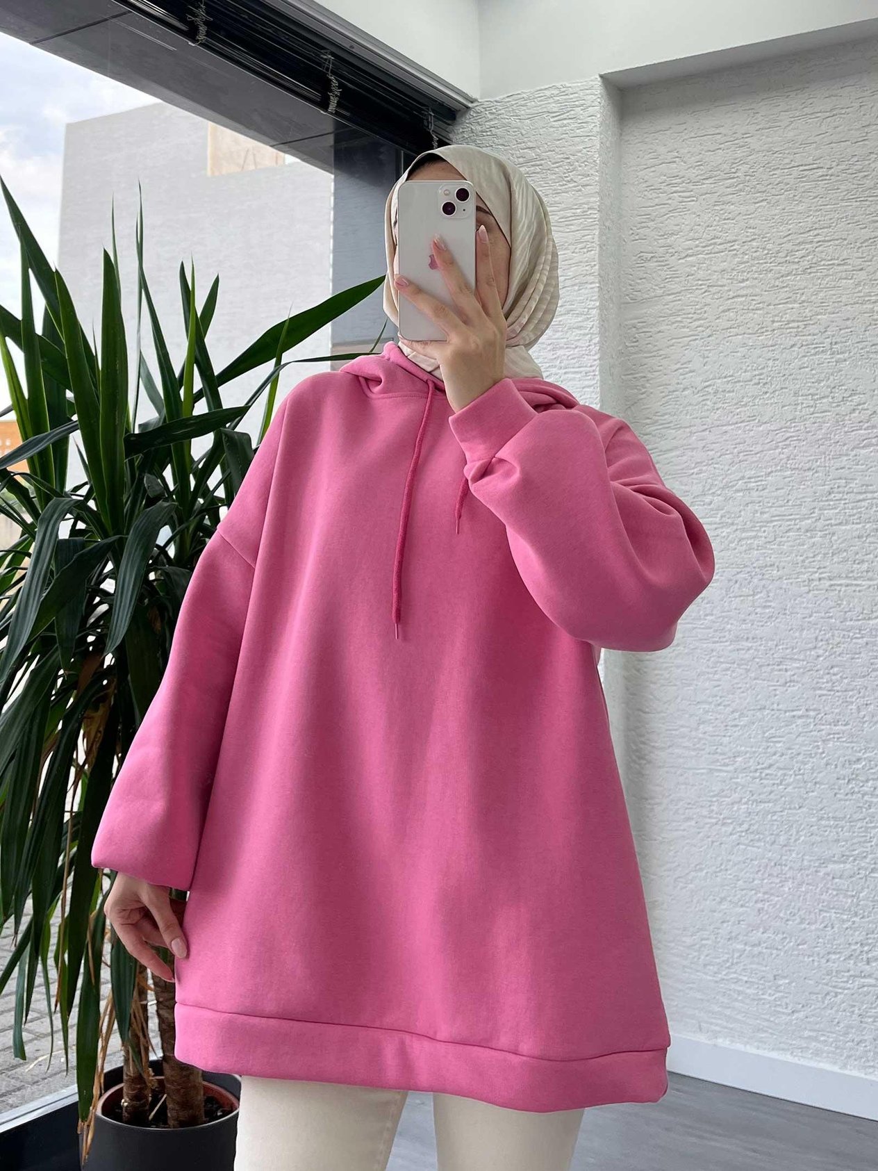 Pembe Oversize Kapüşonlu Sweat