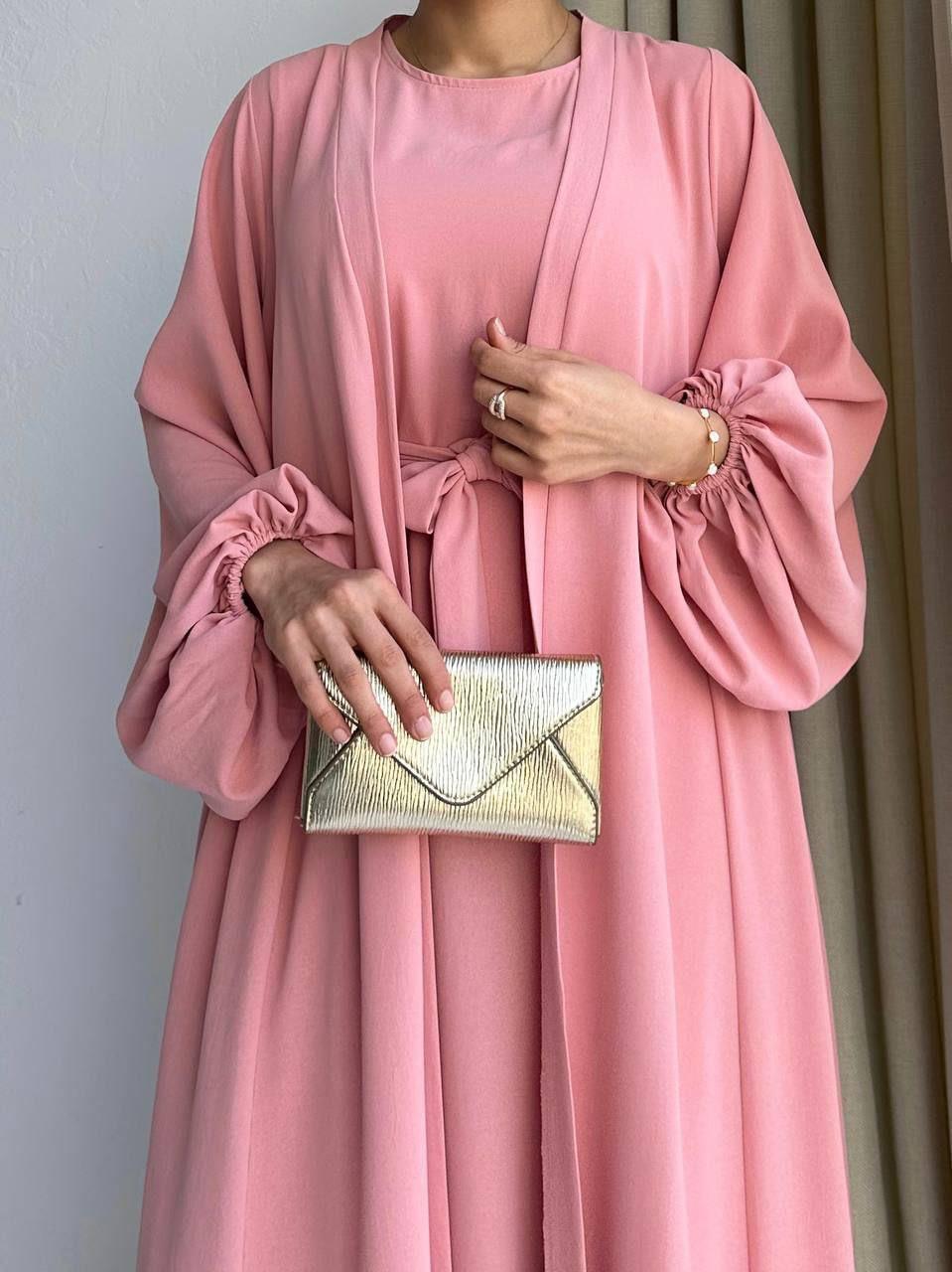 Pembe Yanları Büzgülü Abaya Takım