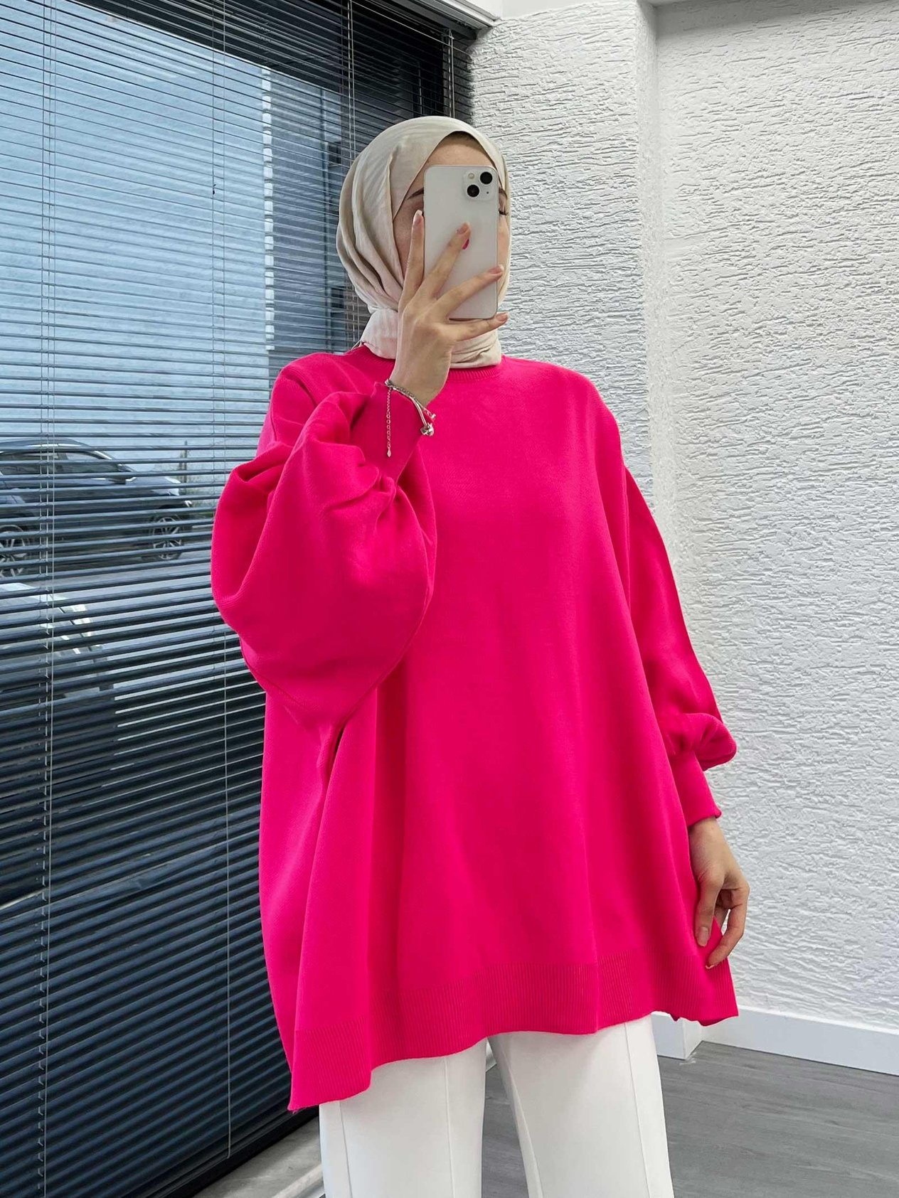Pembe Yarasa Kollu Oversize Kadın Kazak