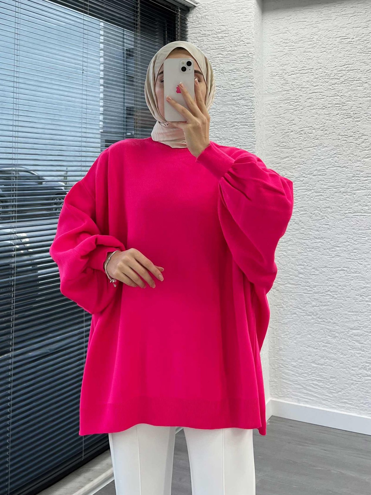 Pembe Yarasa Kollu Oversize Kadın Kazak
