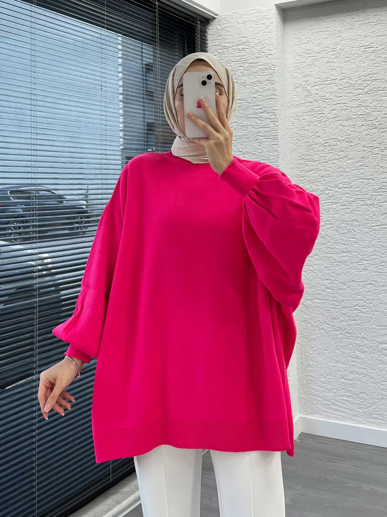 Pembe Yarasa Kollu Oversize Kadın Kazak