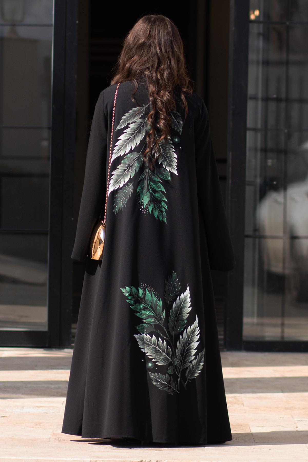 Premium Yaprak Desenli Abaya-Siyah