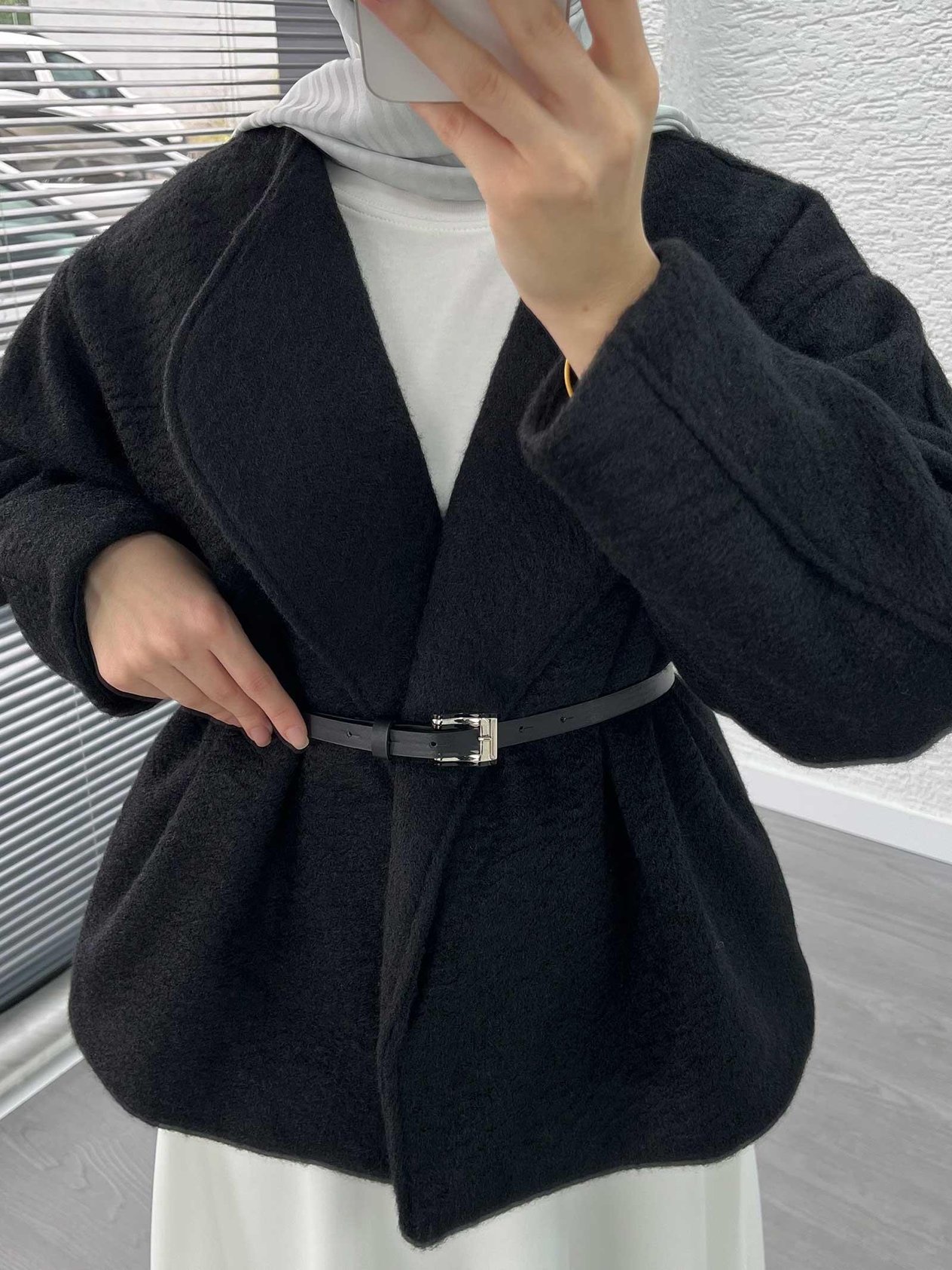 Siyah Kısa Oversize Kaşe Kaban