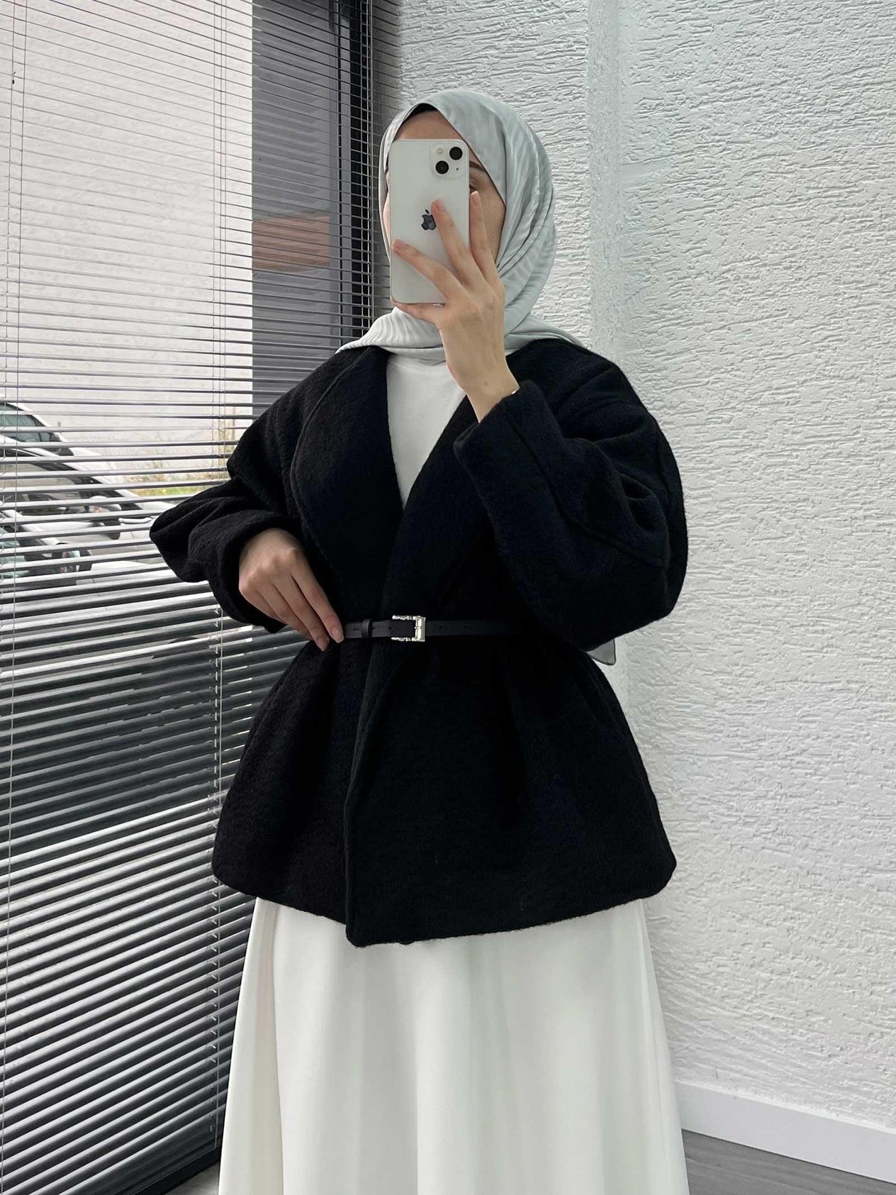 Siyah Kısa Oversize Kaşe Kaban
