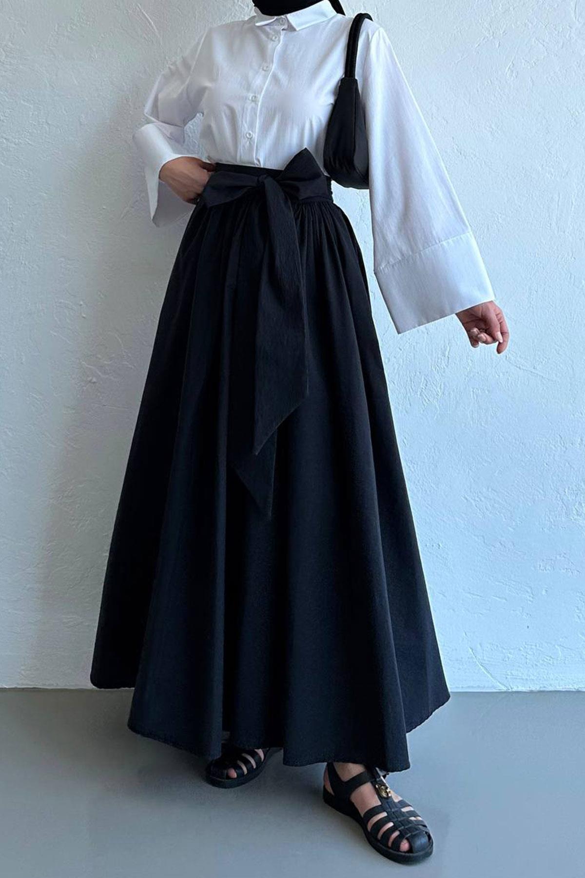 Siyah Linda Kuşaklı Maxi Etek