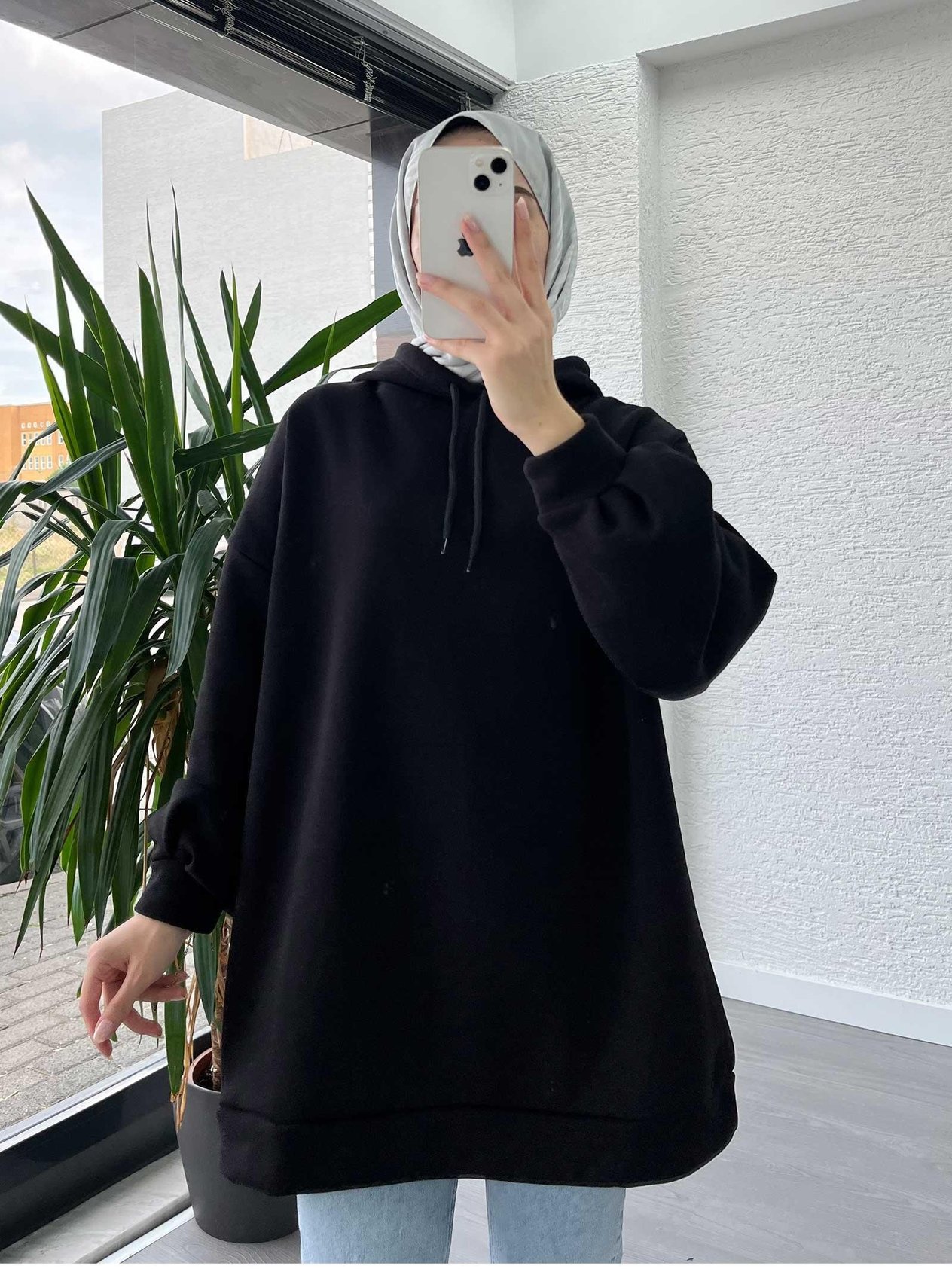 Siyah Oversize Kapüşonlu Sweat
