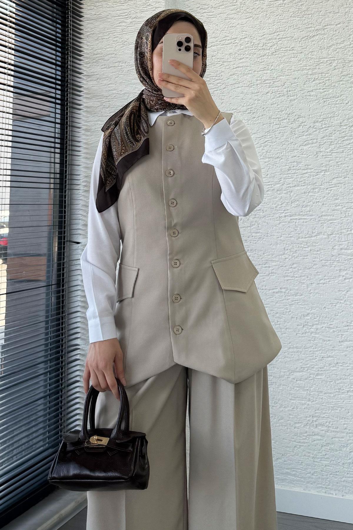 Yelekli Palazzo Takım –Bej