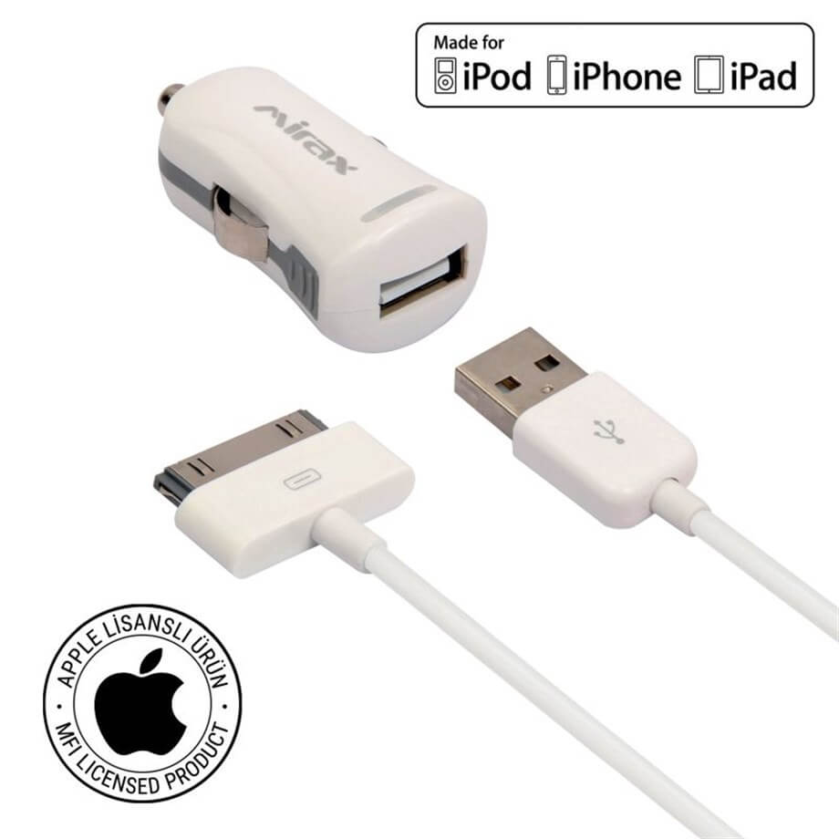 Mirax SCT-4210 Apple Lisanslı Iphone 4s Ipod Ipad Uyumlu 30 Pin Araç Şarj Kiti