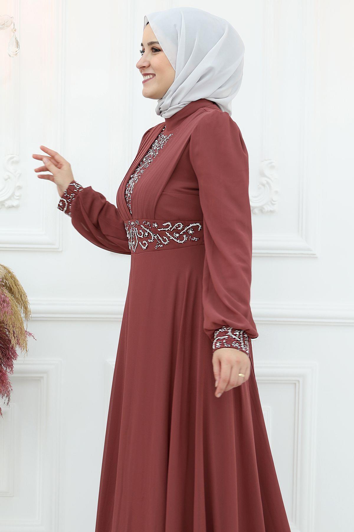Burçak Şifon Tesettür Abiye Tarçın