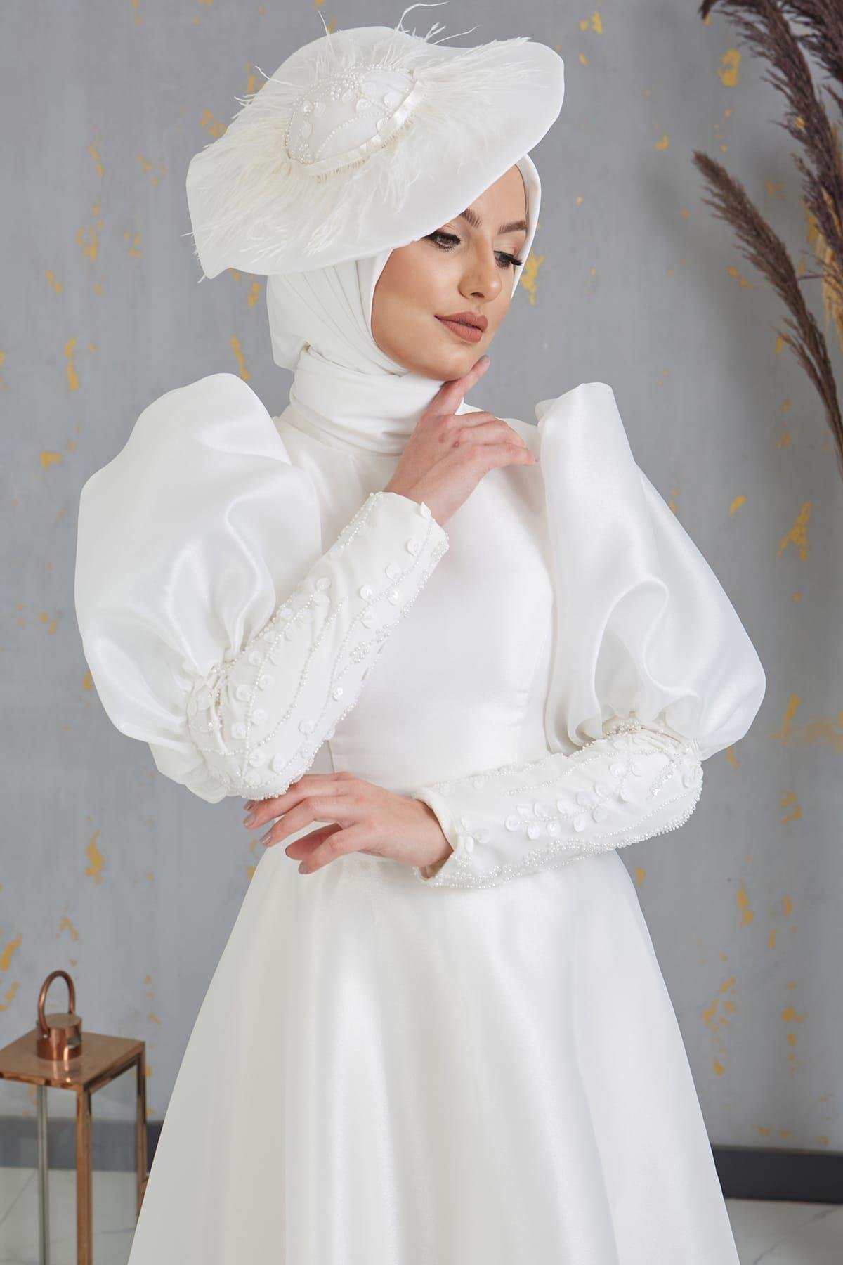 Nesrin Tesettür Nikah Abiye Elbise Beyaz
