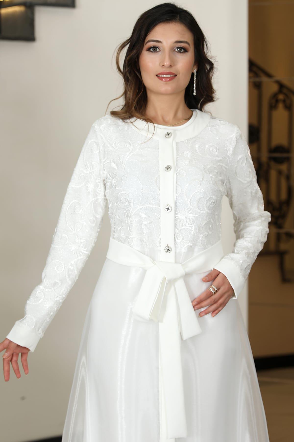 Orkide İkili Abaya Elbise Takım Beyaz