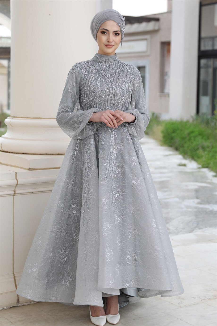 Romantik Tesettür Abiye Gri