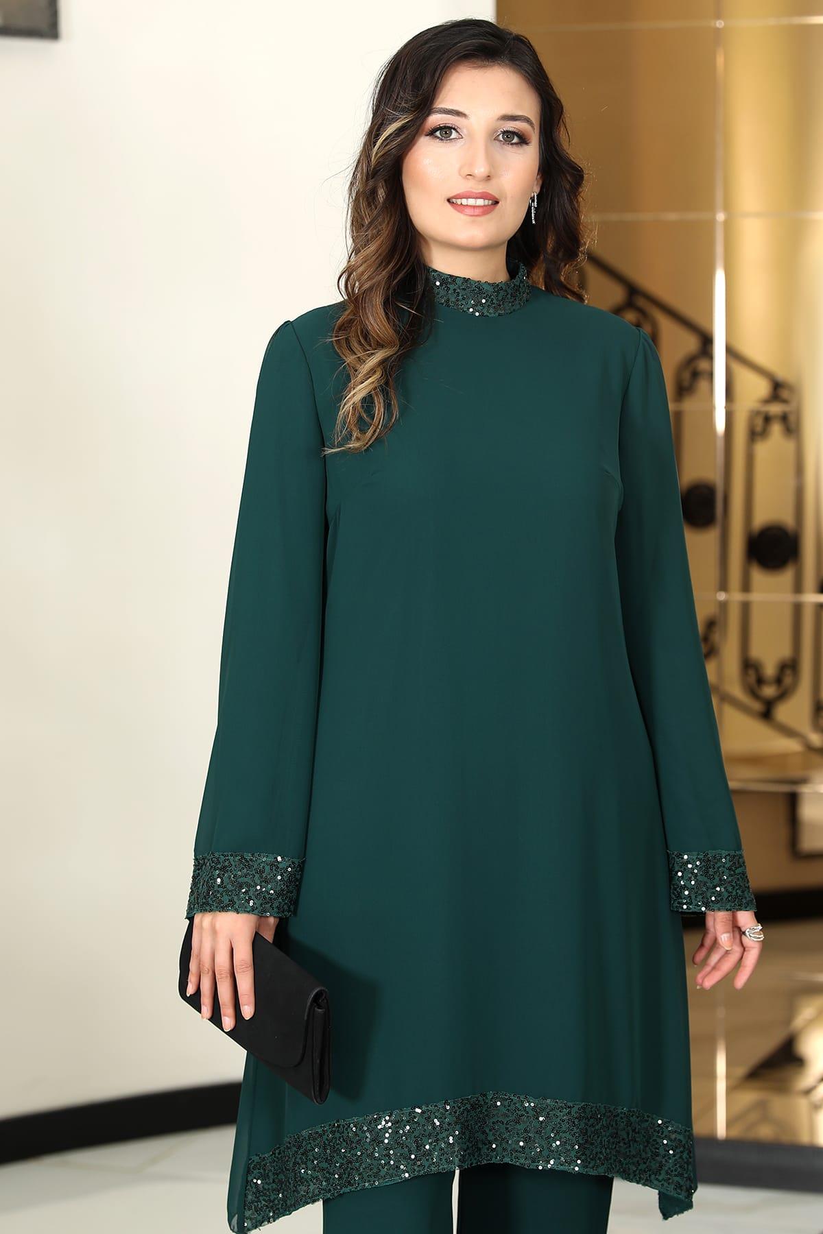 Umay Şifon Tunik Pantolon İkili Tesettür Takım Zümrüt