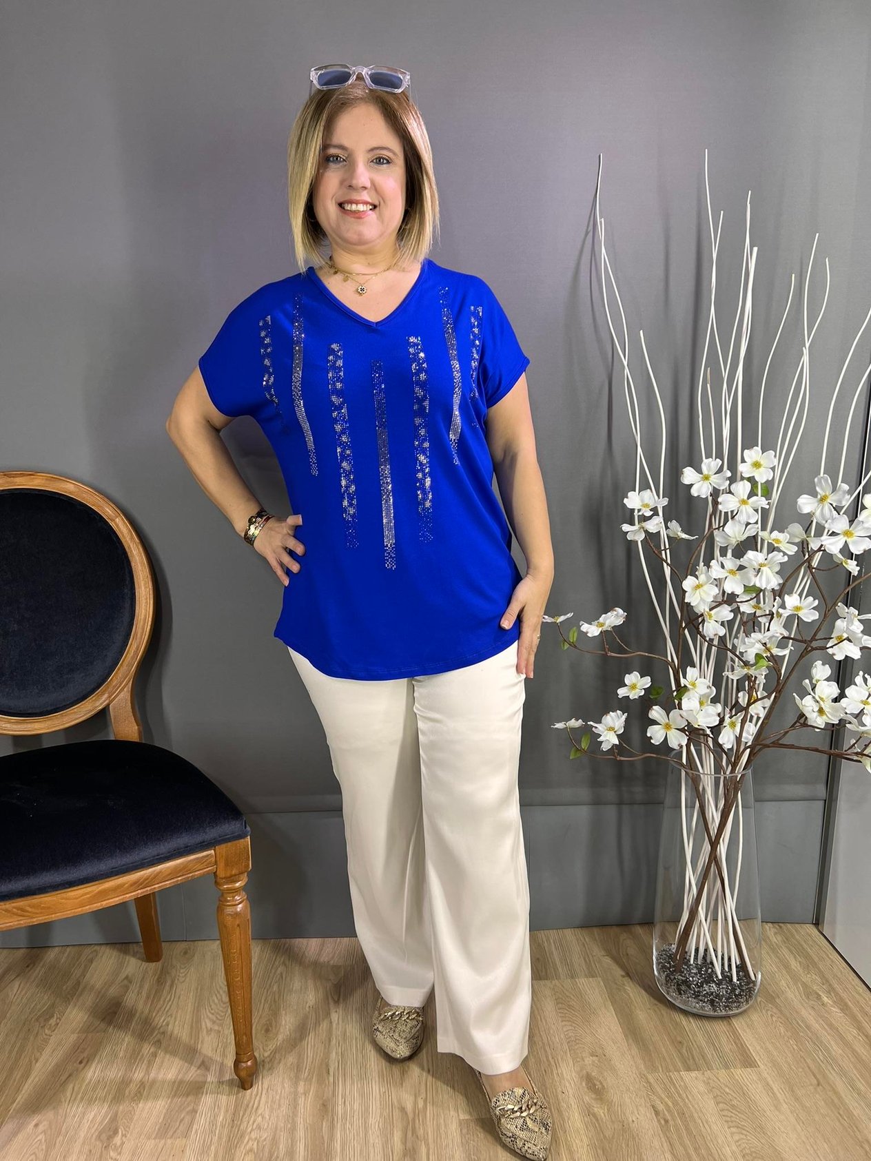 EYZ228 MAVİ SULU TAŞLI BLUZ