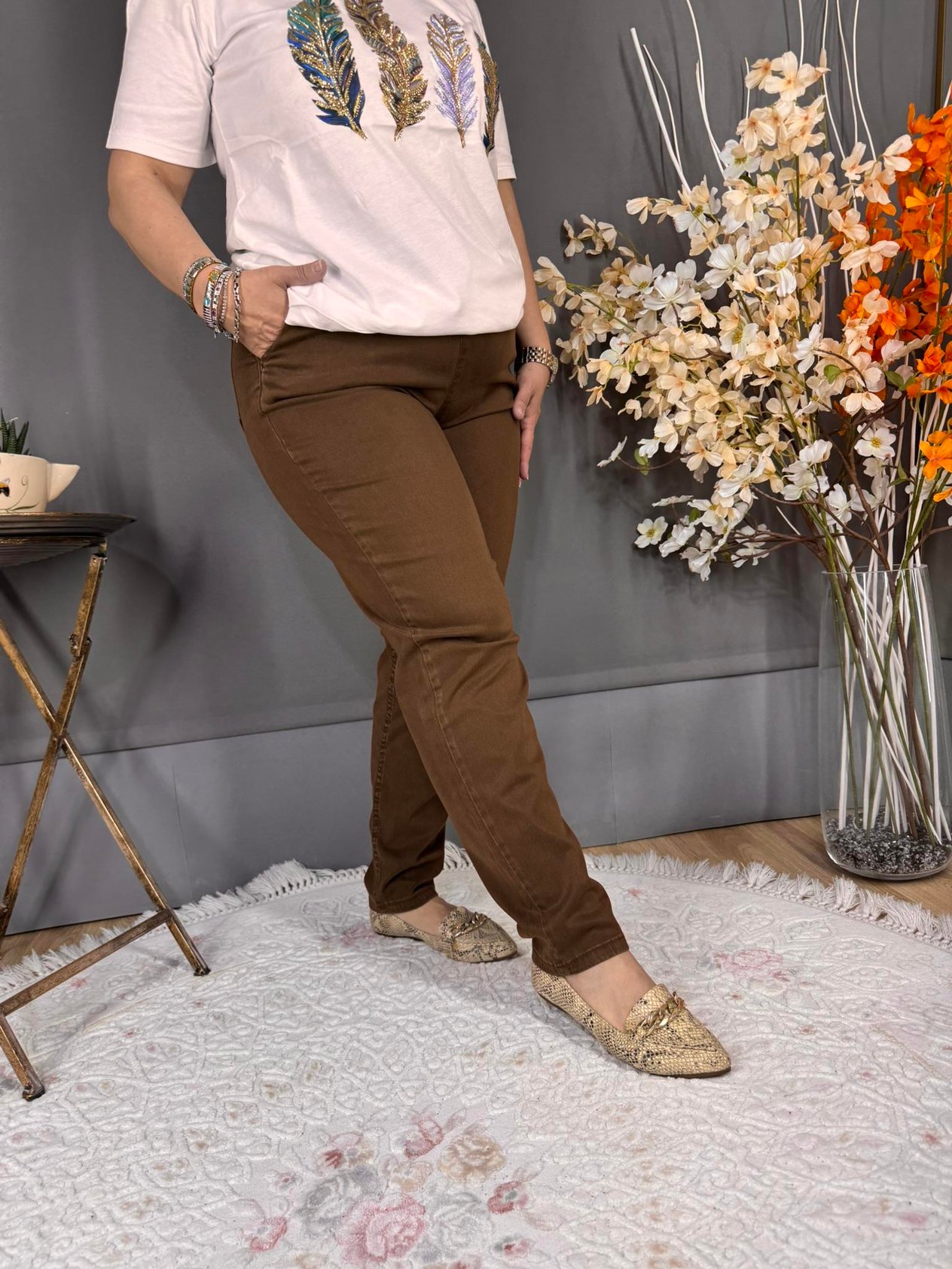 EYZ523 KAHVERENGİ TENCEL KUMAŞ BELİ LASTİKLİ PANTOLON