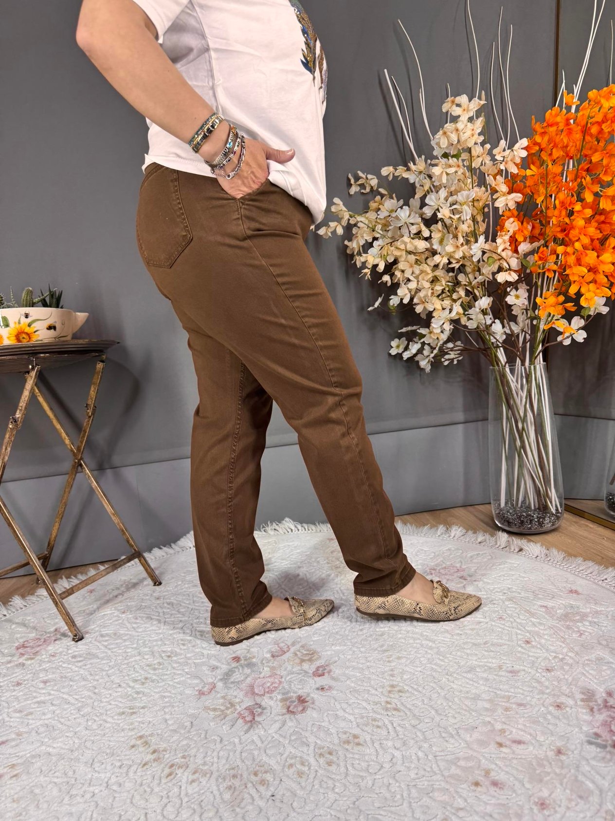 EYZ523 KAHVERENGİ TENCEL KUMAŞ BELİ LASTİKLİ PANTOLON