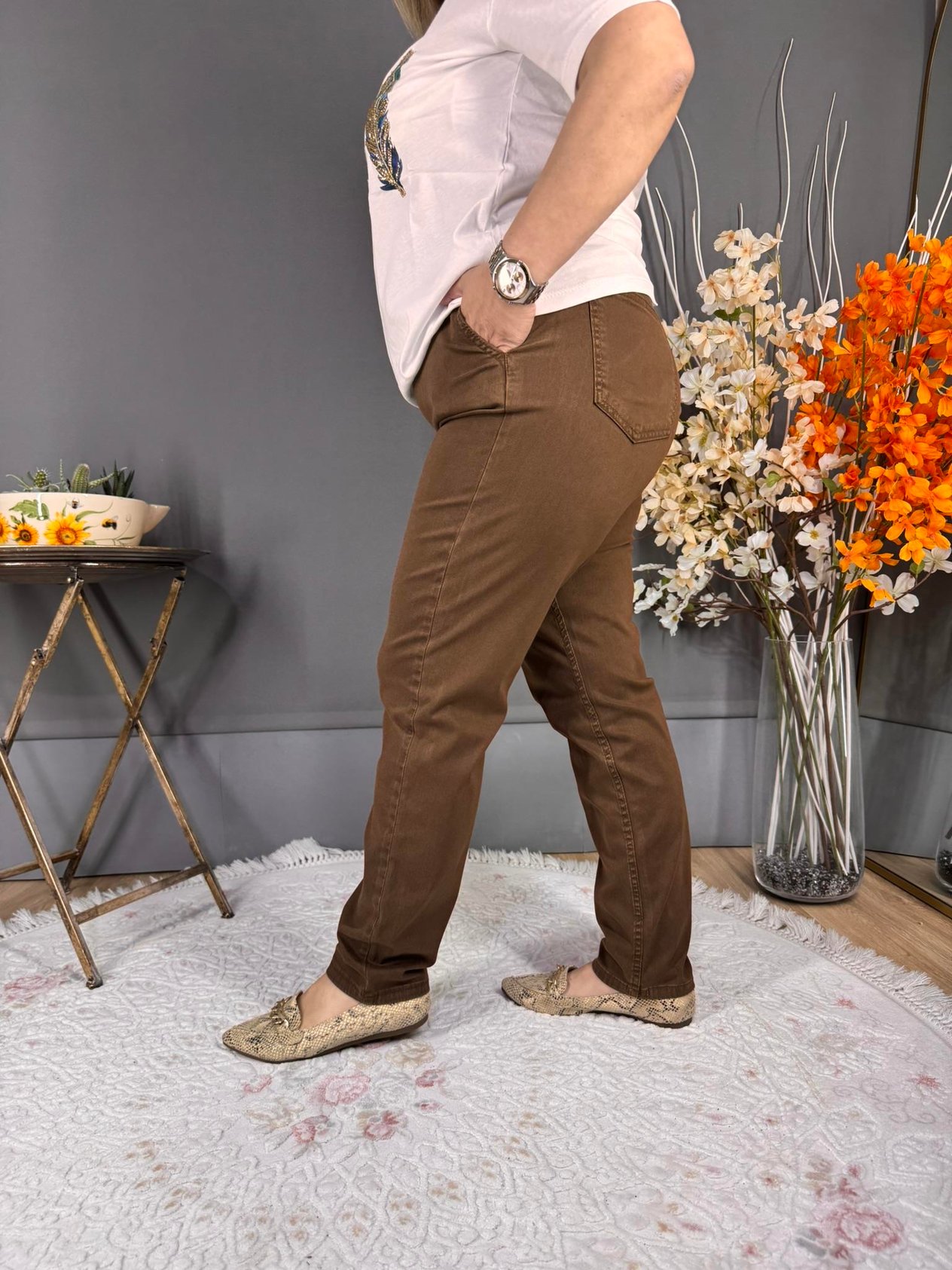 EYZ523 KAHVERENGİ TENCEL KUMAŞ BELİ LASTİKLİ PANTOLON