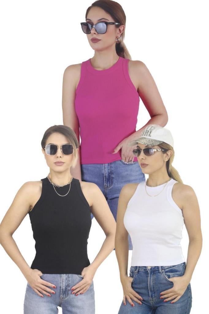 Kadın 3'lü Premium Pamuklu Fitilli Atlet Beyaz, Siyah, Fuşya