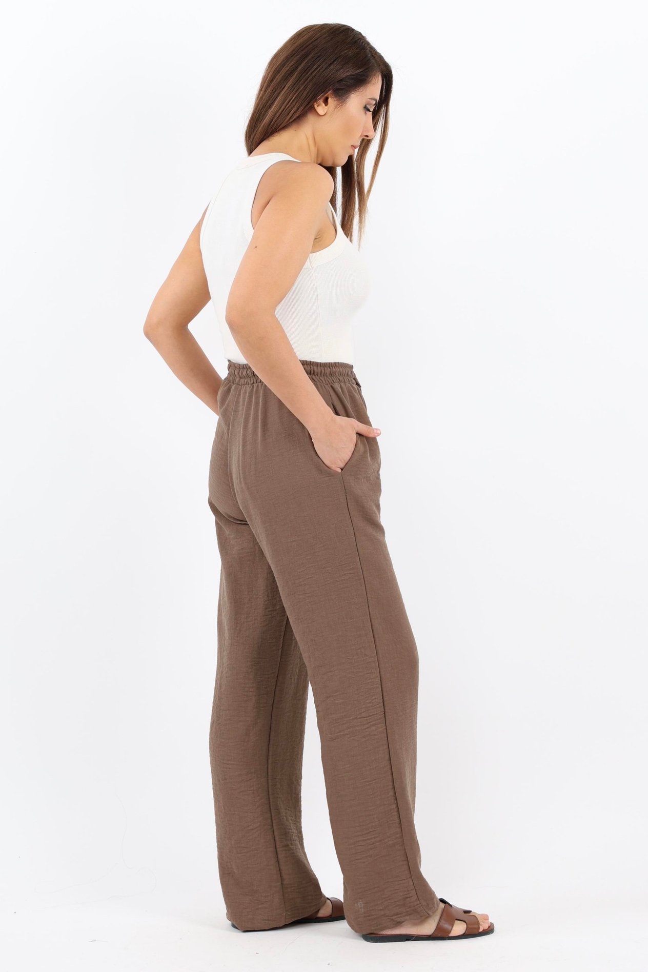 Kadın Keten Comfy Kahve Düz Kesim Bel Lastikli Pantolon