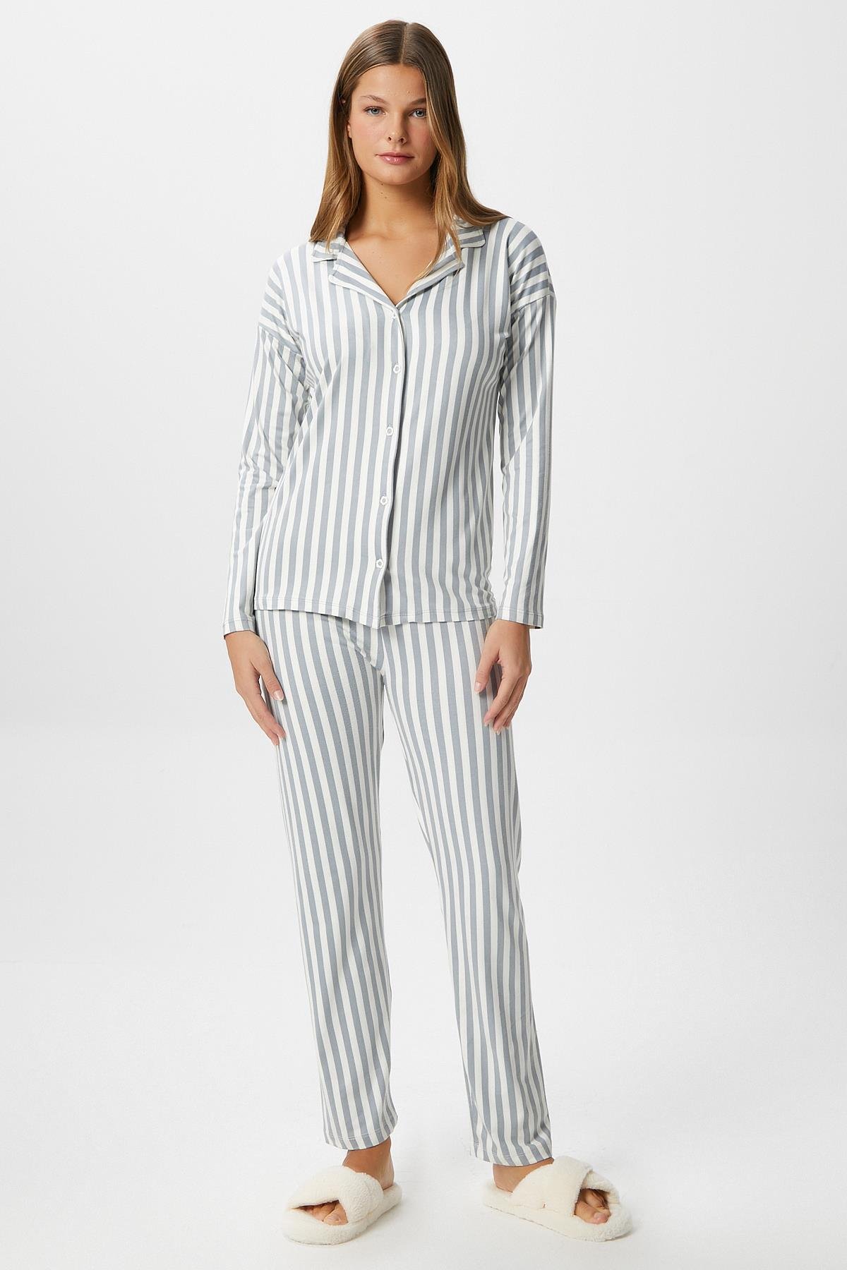 Kadın Secret Extra Soft Gri Beyaz Çizgili Pijama Takımı