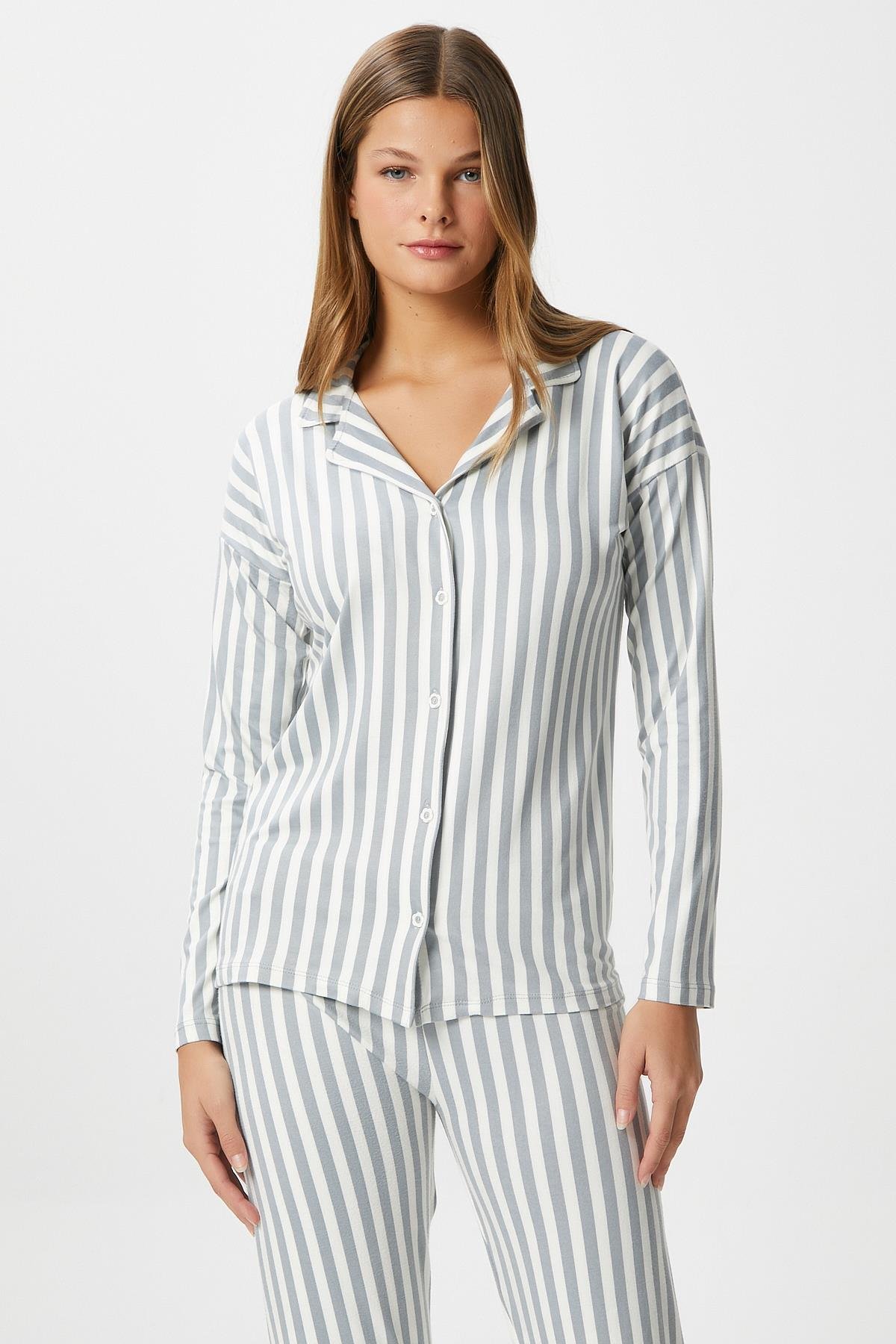 Kadın Secret Extra Soft Gri Beyaz Çizgili Pijama Takımı