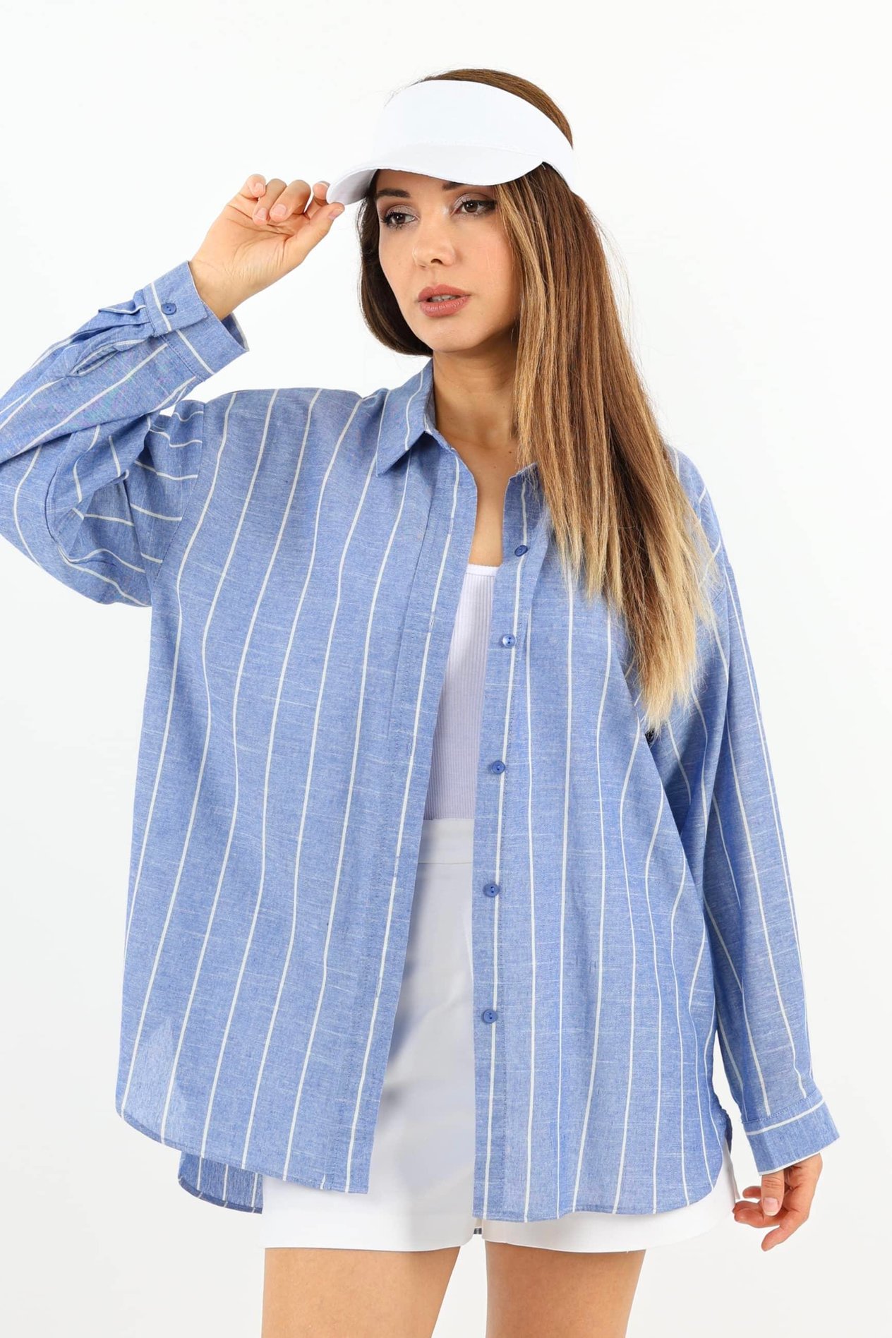 Kadın Stripe %100 Pamuk Oversize Çizgili Uzun Gömlek