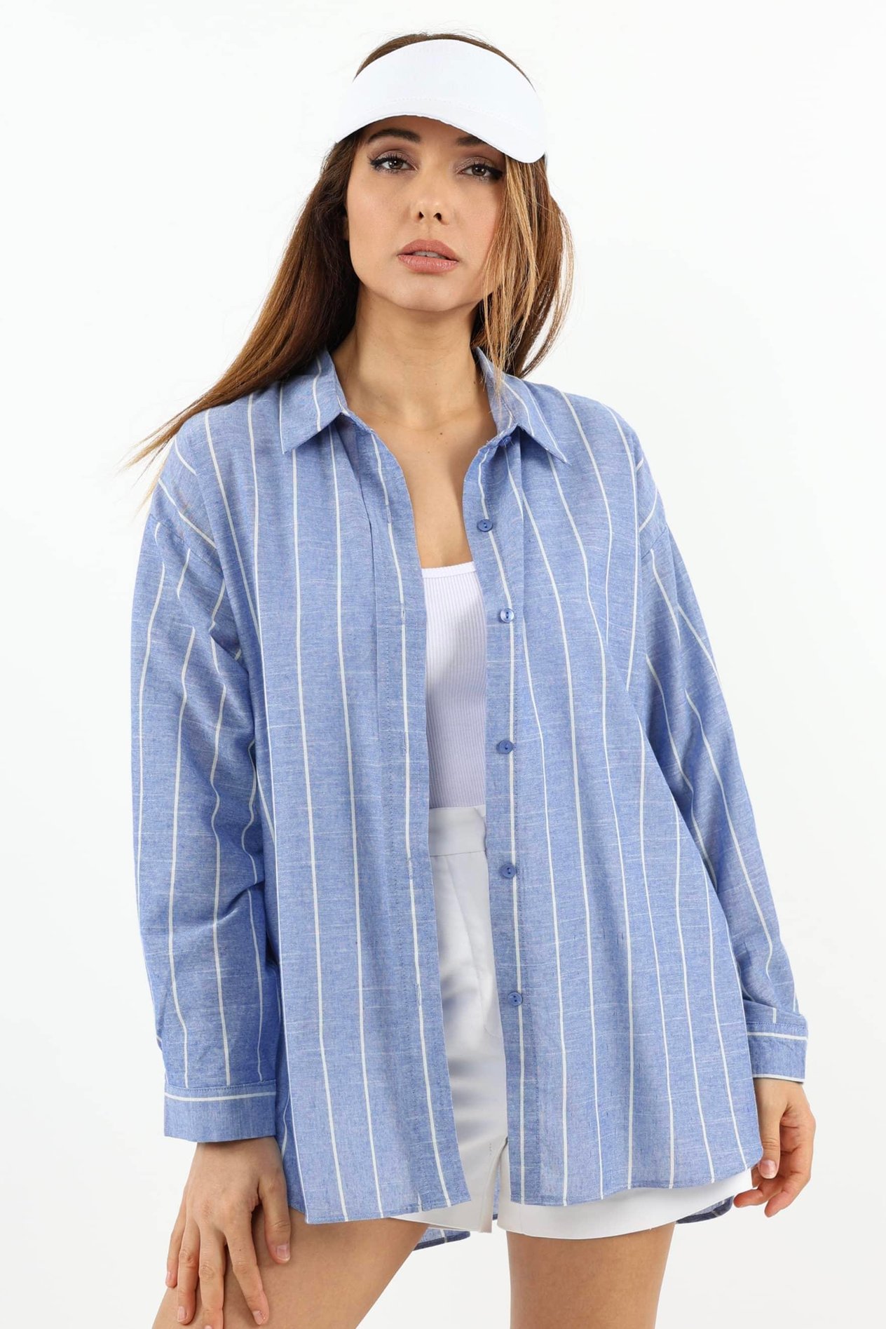 Kadın Stripe %100 Pamuk Oversize Çizgili Uzun Gömlek