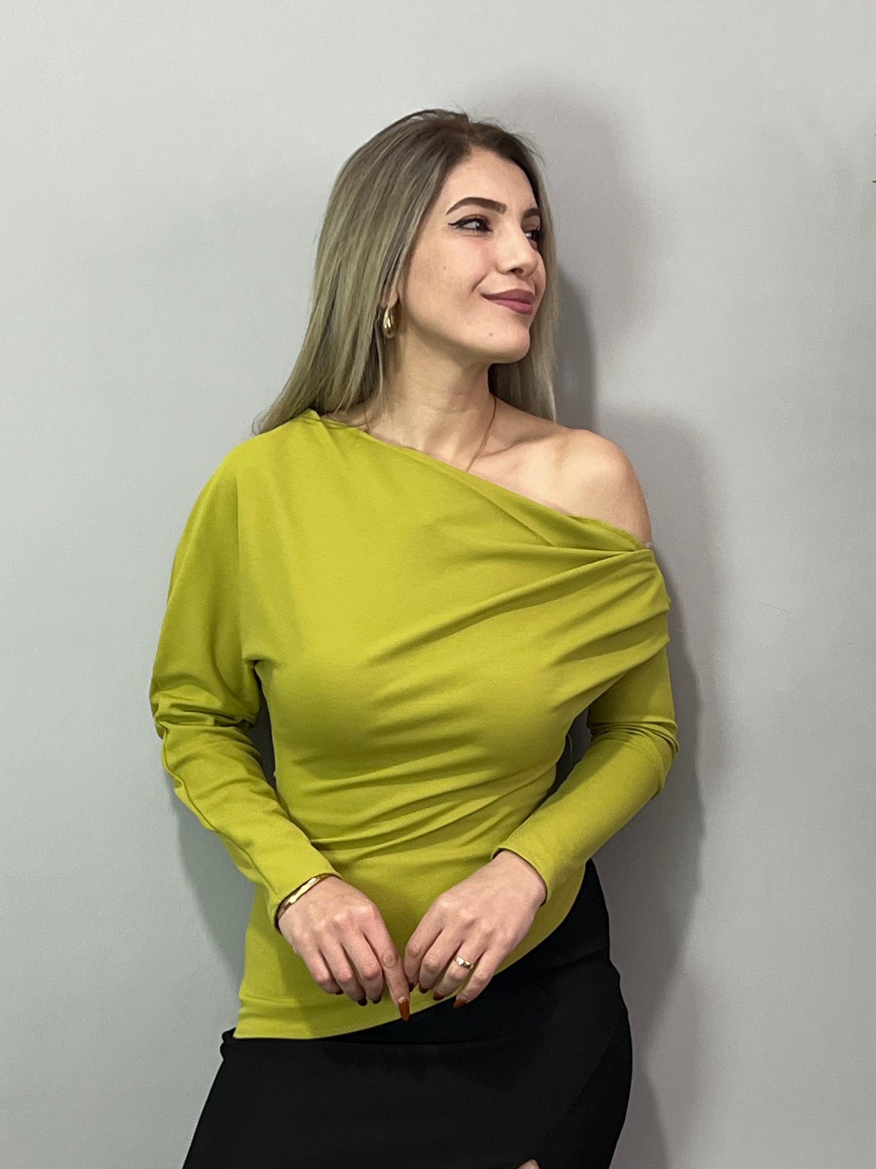 Clover Yağ Yeşili Kayık Yaka Bluz
