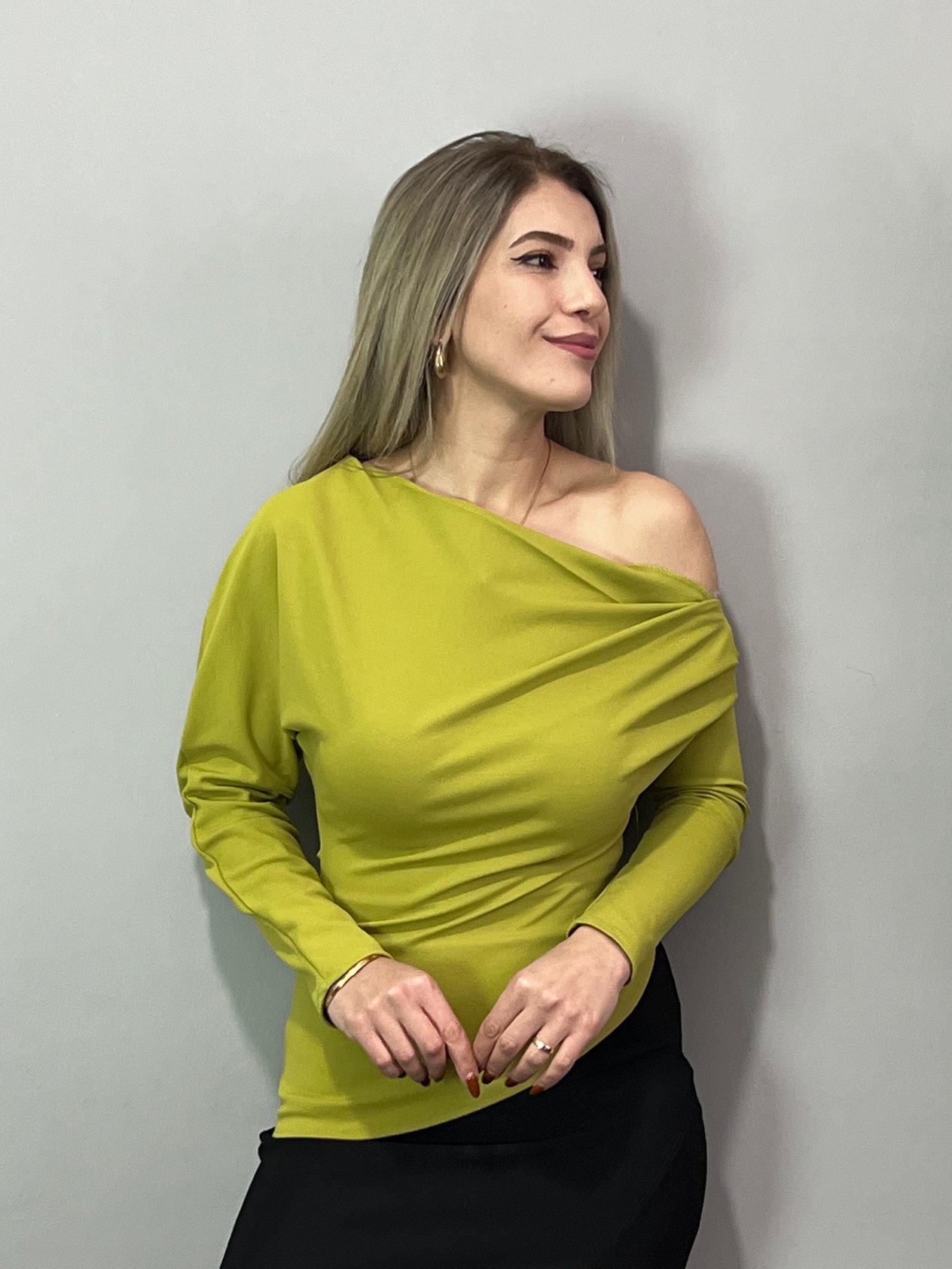 Clover Yağ Yeşili Kayık Yaka Bluz