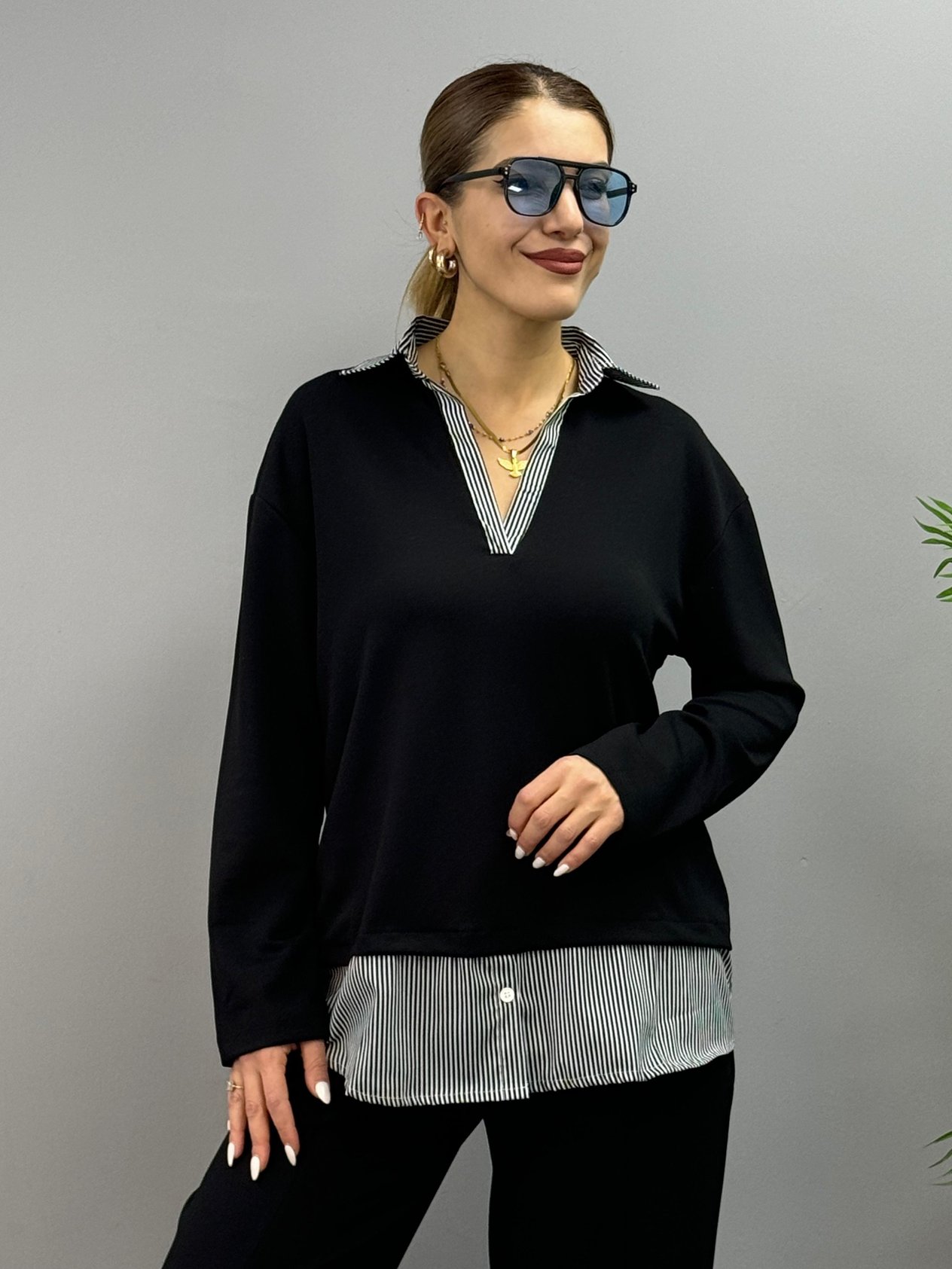Foni Siyah Gömlek Desenli Tasarım İkili Takım