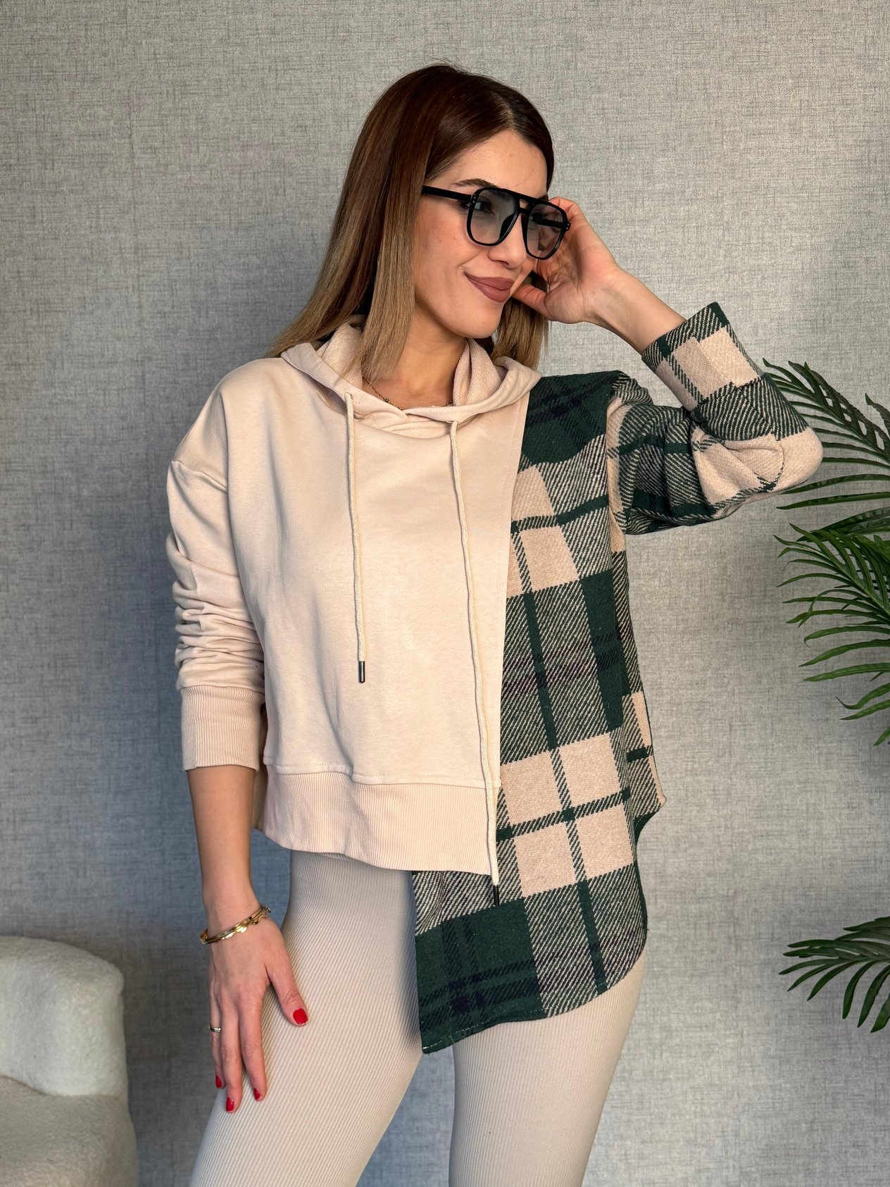 Gubi Tasarım Bej Yeşil Kareli Oduncu Gömlekli Poplin Sweatshirt