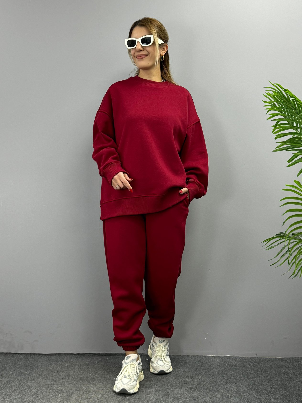Lidya Bordo Üç İplik Şardonlu Owersize Alt Üst Takım