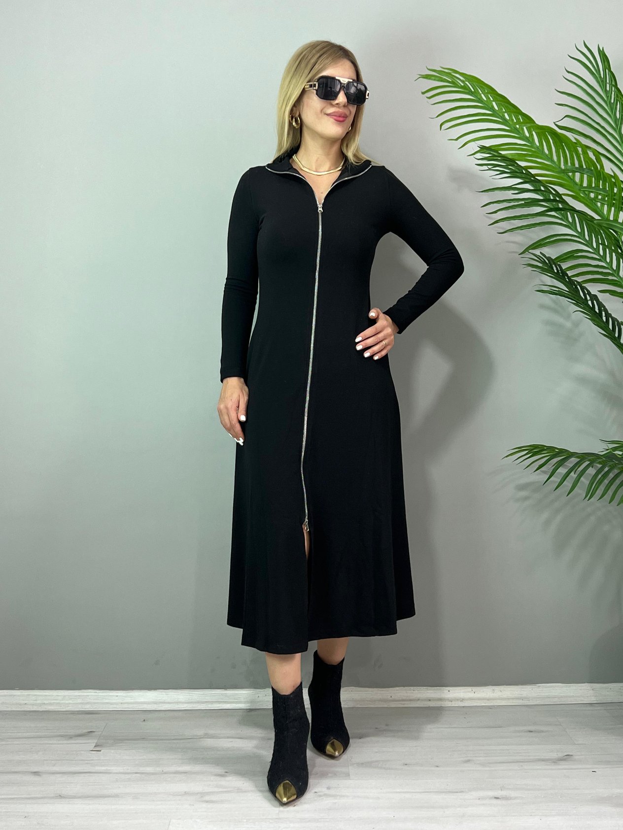 Maria Önden Fermuarlı Maxi Boy Çilek Elbise