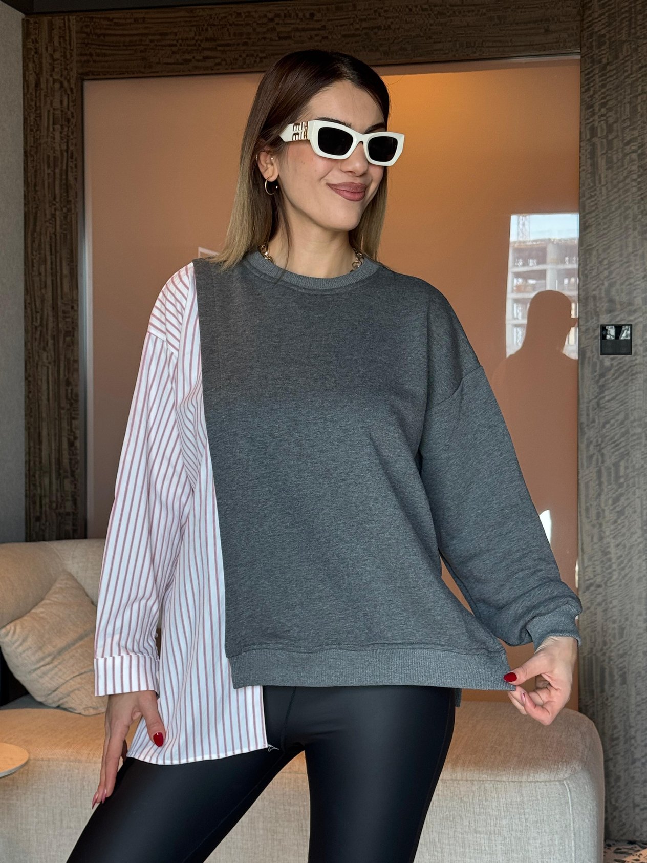Onna Tasarım Füme Gömlekli Poplin Sweatshirt