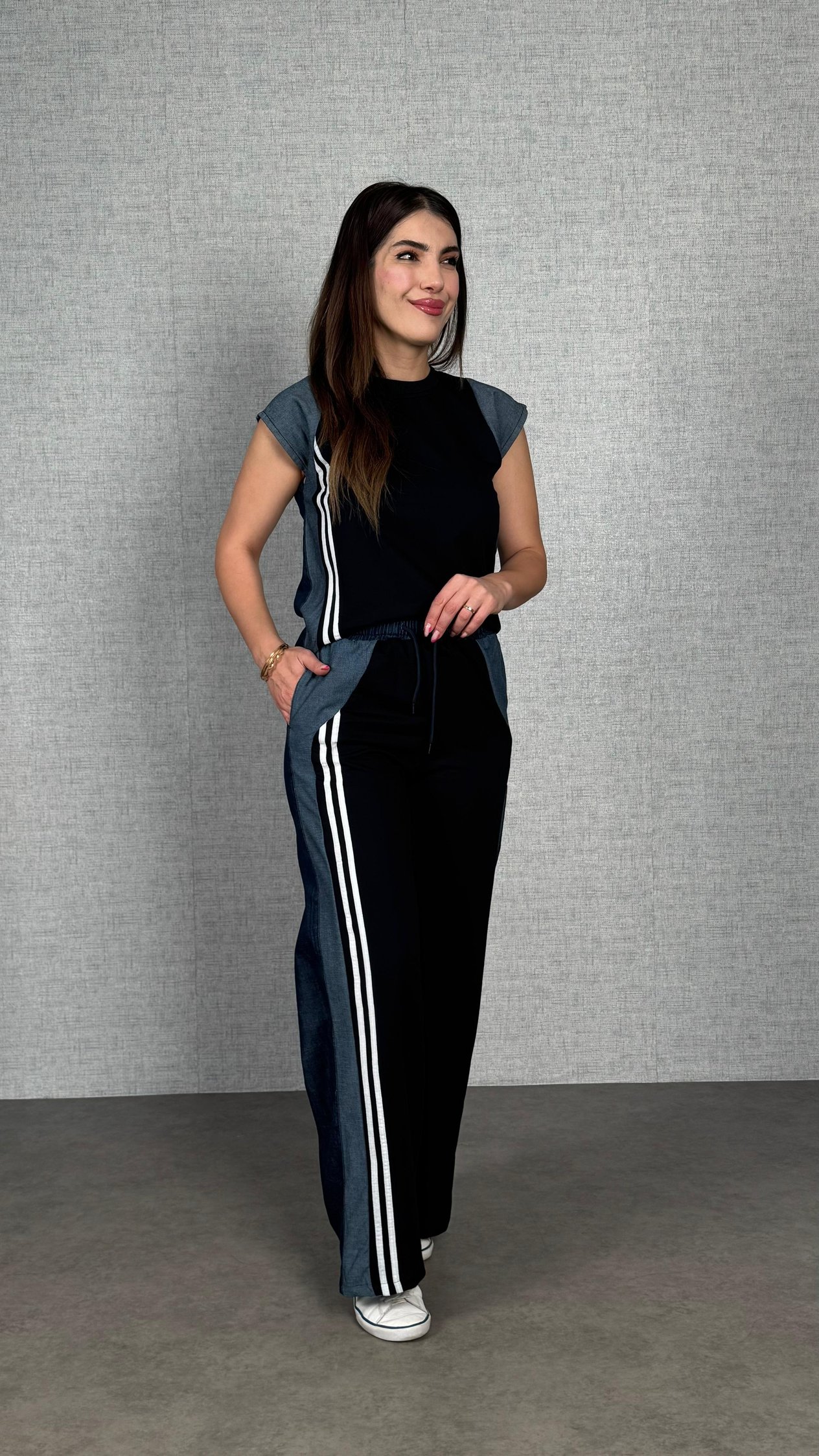Rachel Siyah Jean Detaylı Şeritli İkili Takım