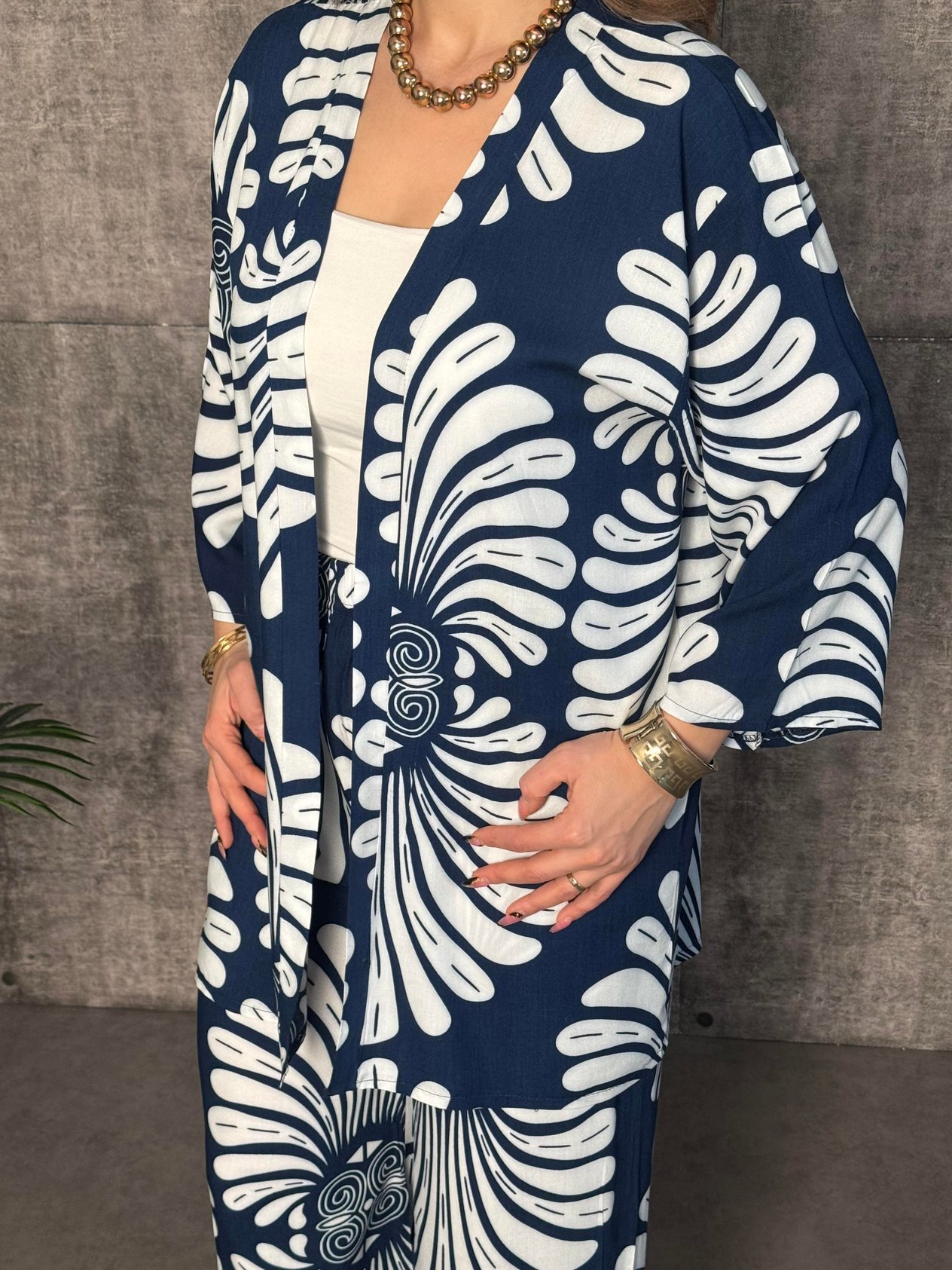 Serra Mavi Desenli Kimono İkili Takım