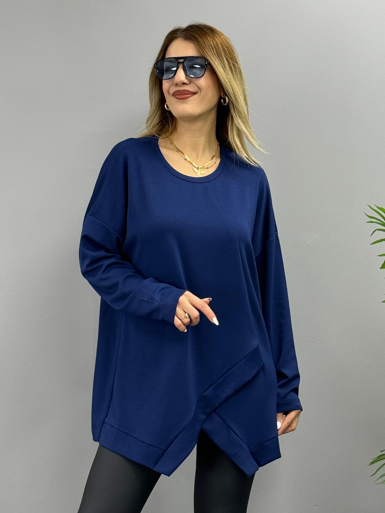 Wolle Lacivert Asimetrik Kesim Modal Oversize Bluz