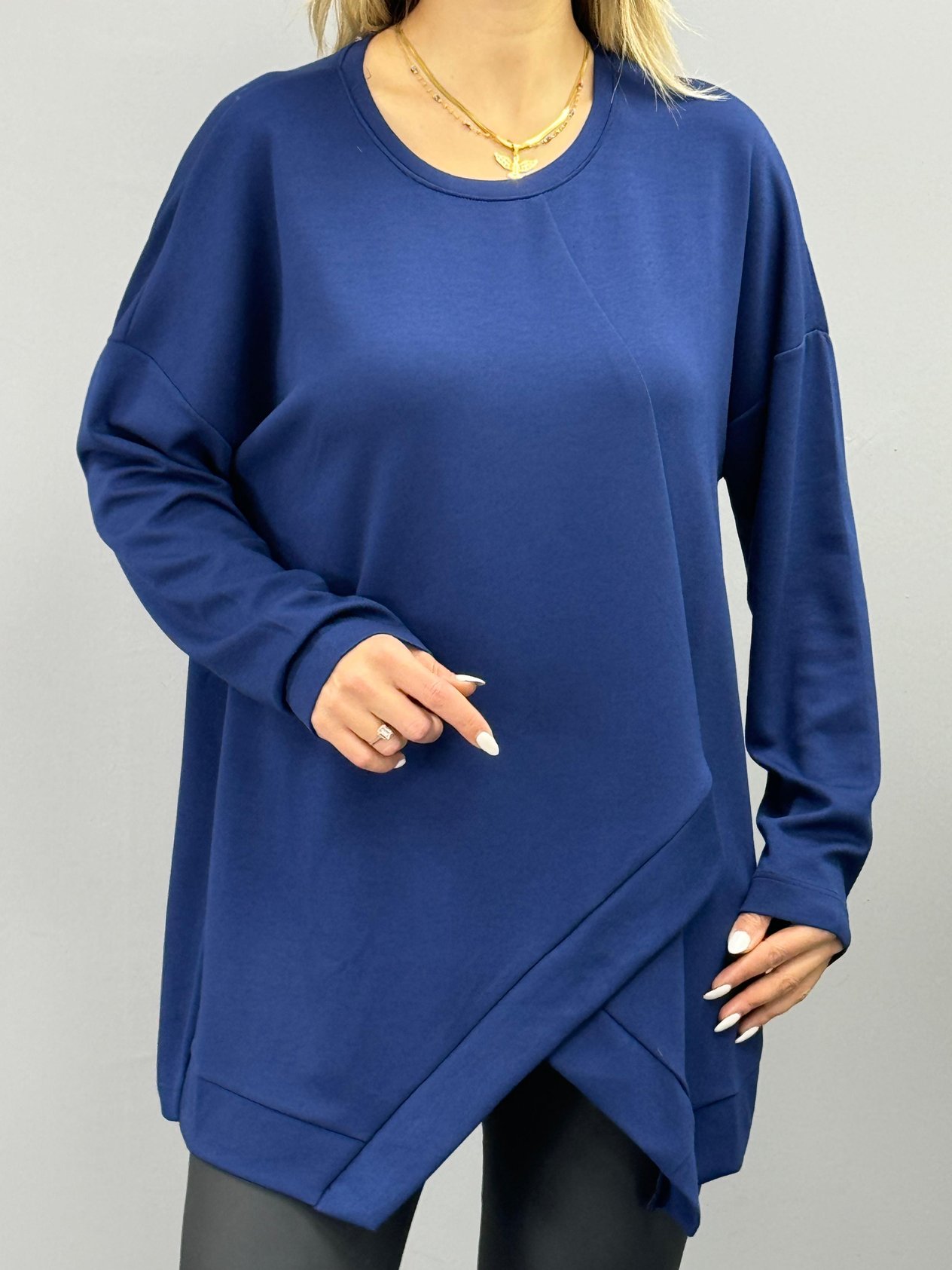 Wolle Lacivert Asimetrik Kesim Modal Oversize Bluz