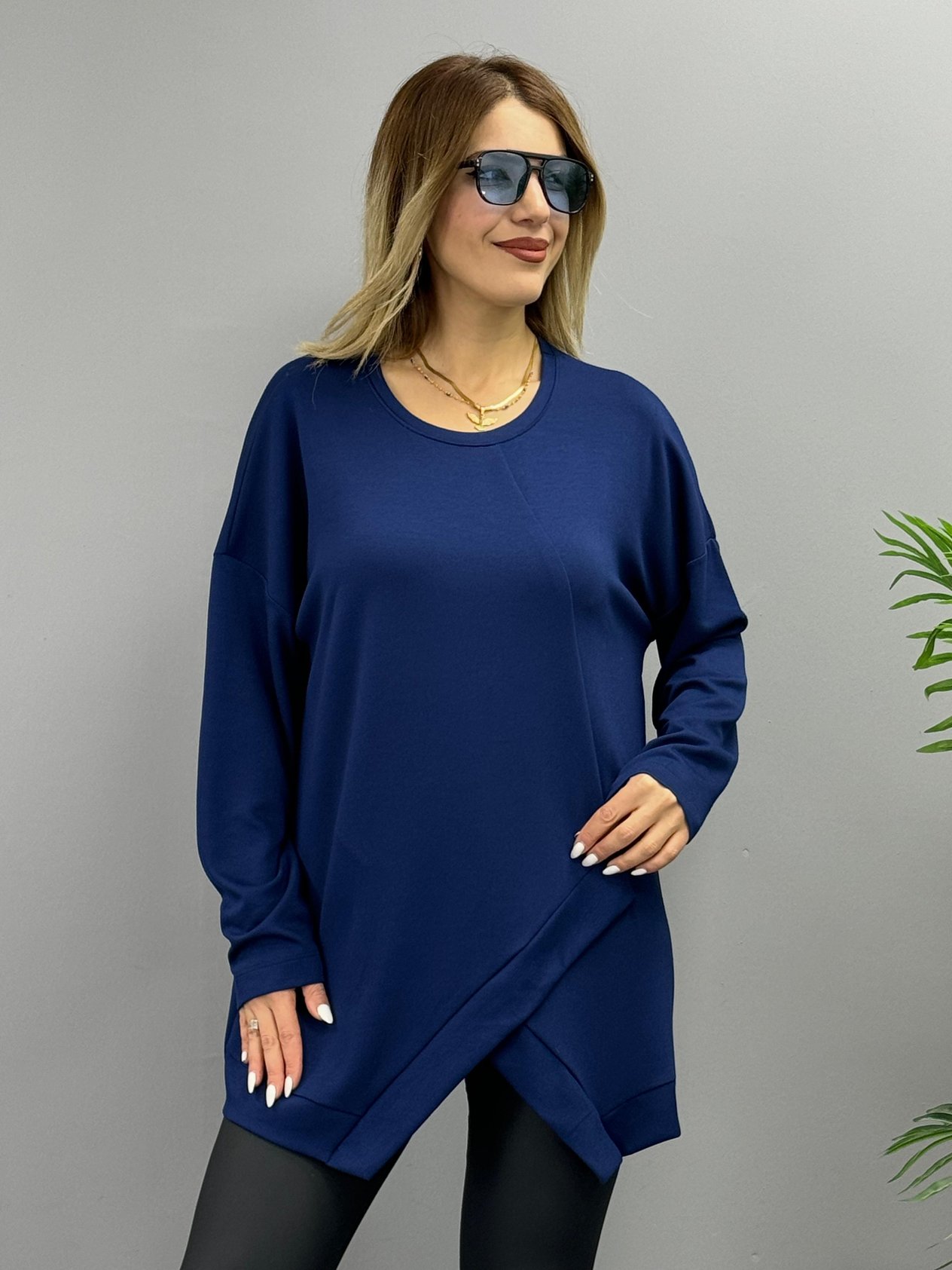 Wolle Lacivert Asimetrik Kesim Modal Oversize Bluz