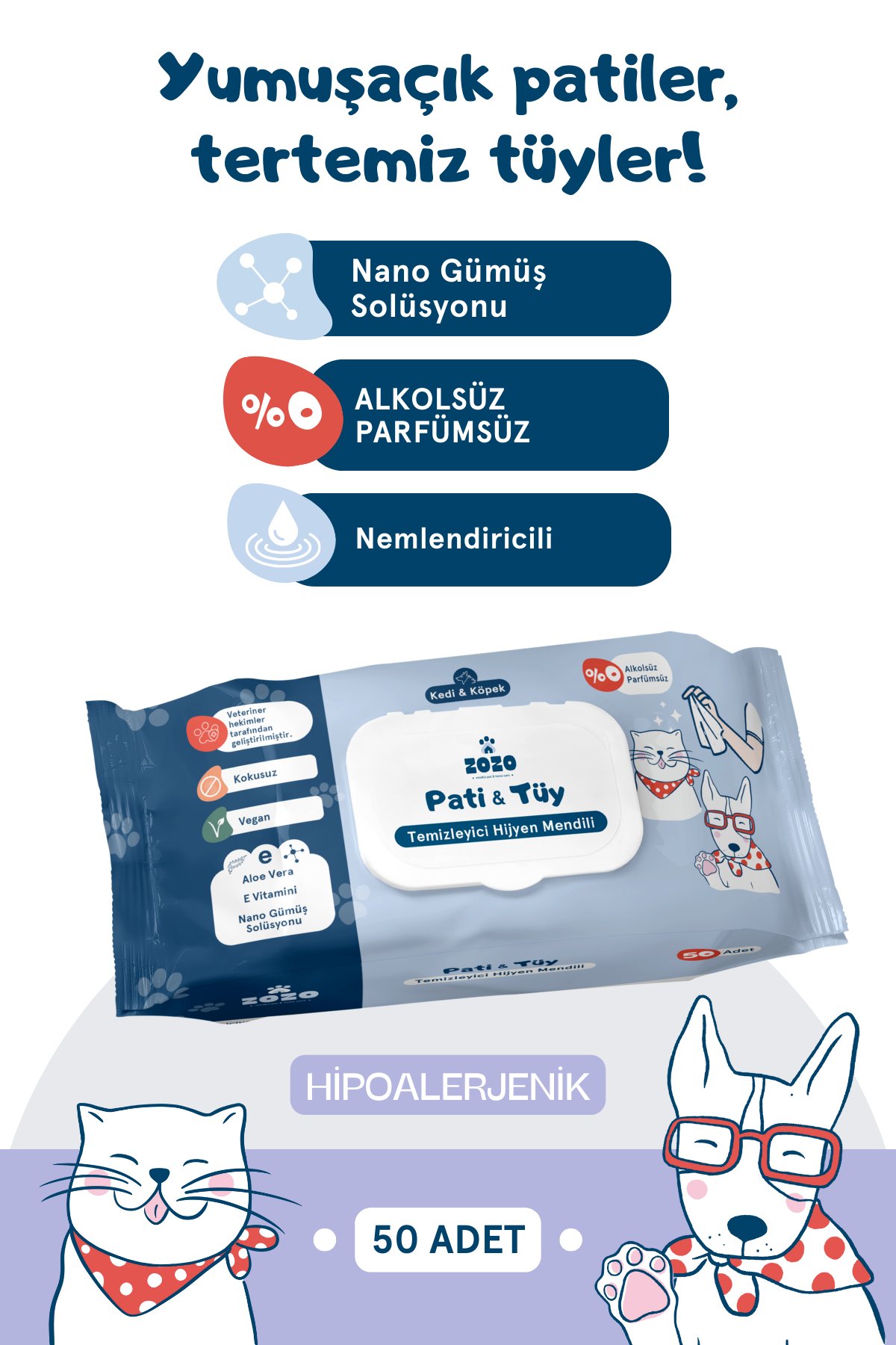 Hijyenik & Nemlendirici Pati Temizleme Mendili - Hipoalerjenik - 250 Adet