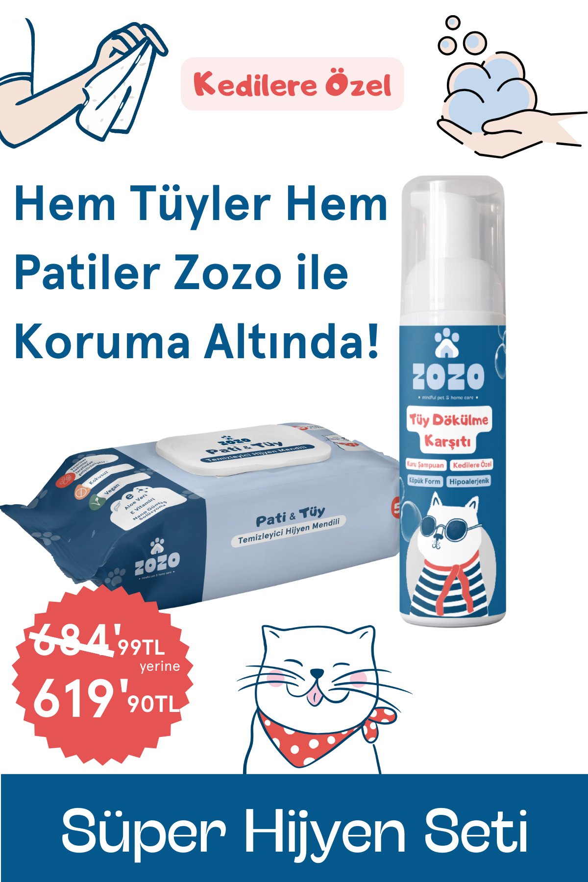 Zozo Cares Süper Hijyen Seti - Kedilere Özel Pati Mendili ve Tüy Dökülme Karşıtı Köpük Kuru Şampuan