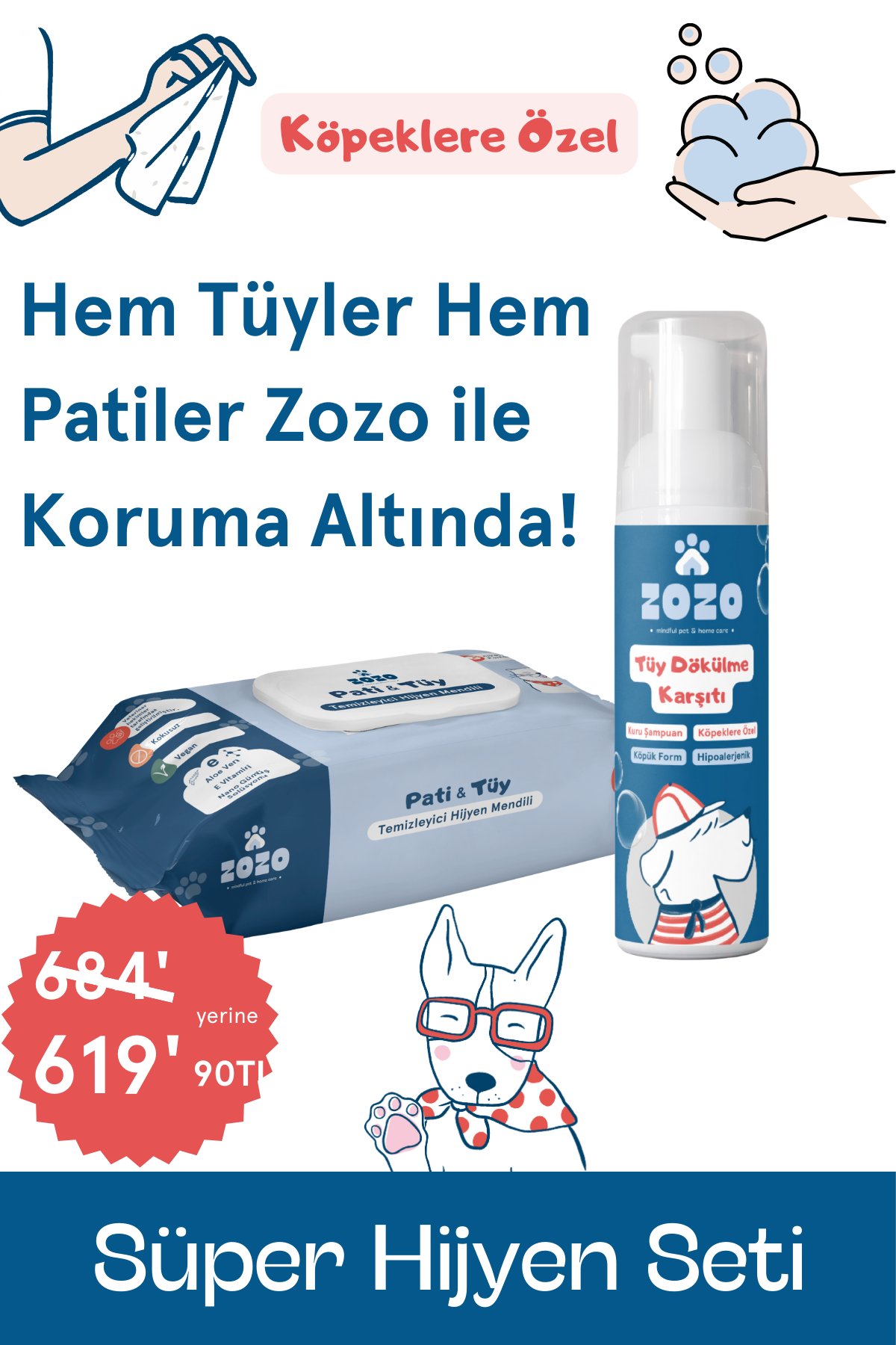 Zozo Cares Süper Hijyen Seti - Köpeklere Özel Pati Mendili ve Tüy Dökülme Karşıtı Köpük Kuru Şampuan